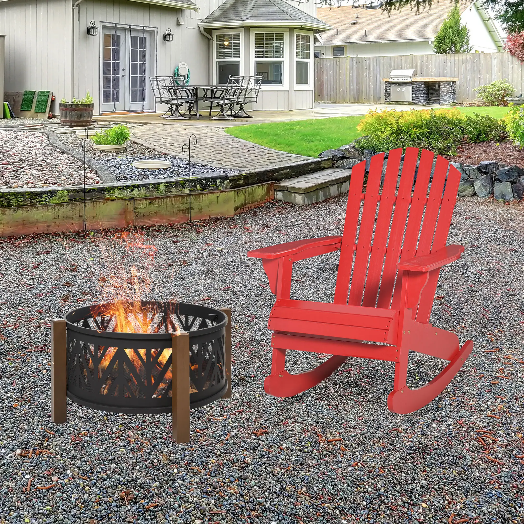 Wooden Adirondack Rocking Chair, Slatted Design, Fanned Back, Rustic, Red - Image 2
