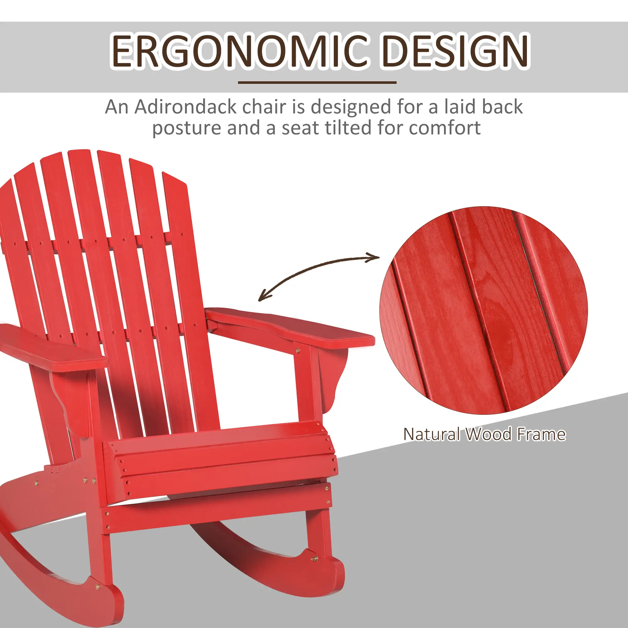 Wooden Adirondack Rocking Chair, Slatted Design, Fanned Back, Rustic, Red - Image 5