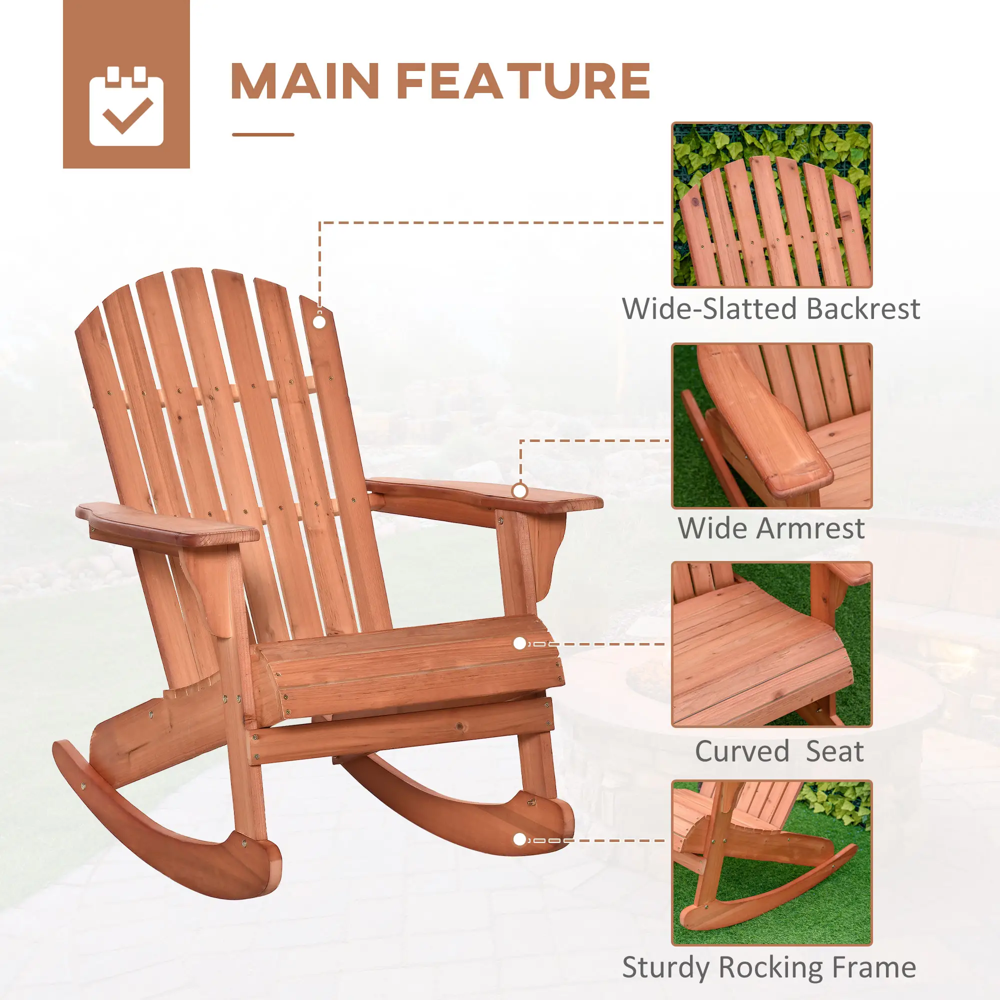 Wooden Adirondack Rocking Chair, Slatted Design, Teak - Image 6