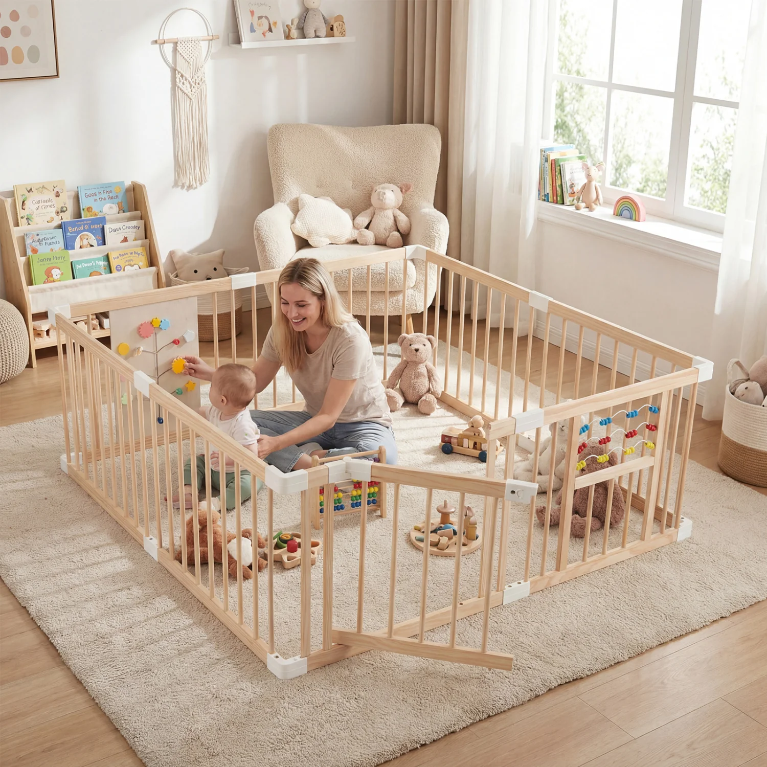 Wooden Baby Playpen, Adjustable Large Play Yard, Natural - Image 3