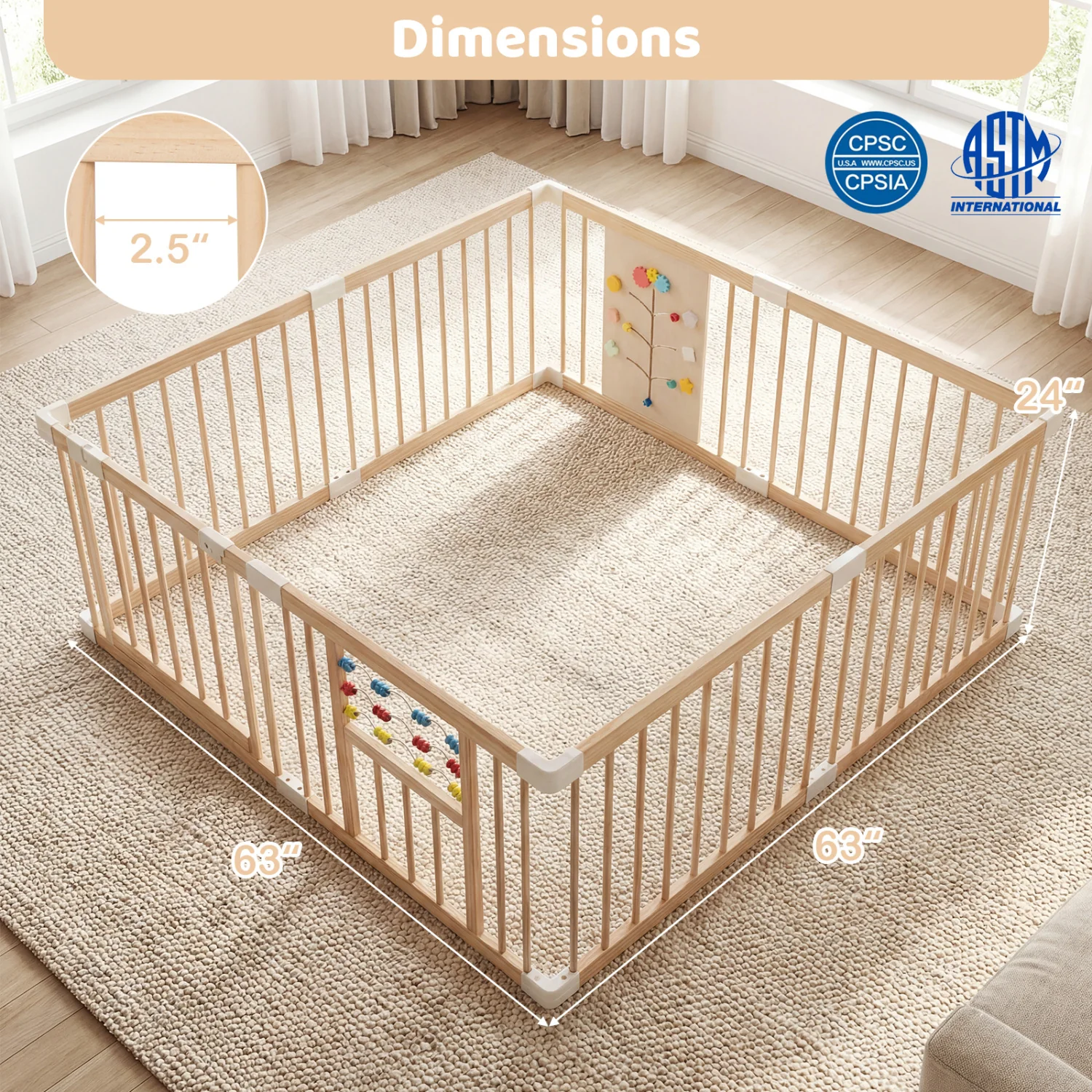 Wooden Baby Playpen, Adjustable Large Play Yard, Natural - Image 5