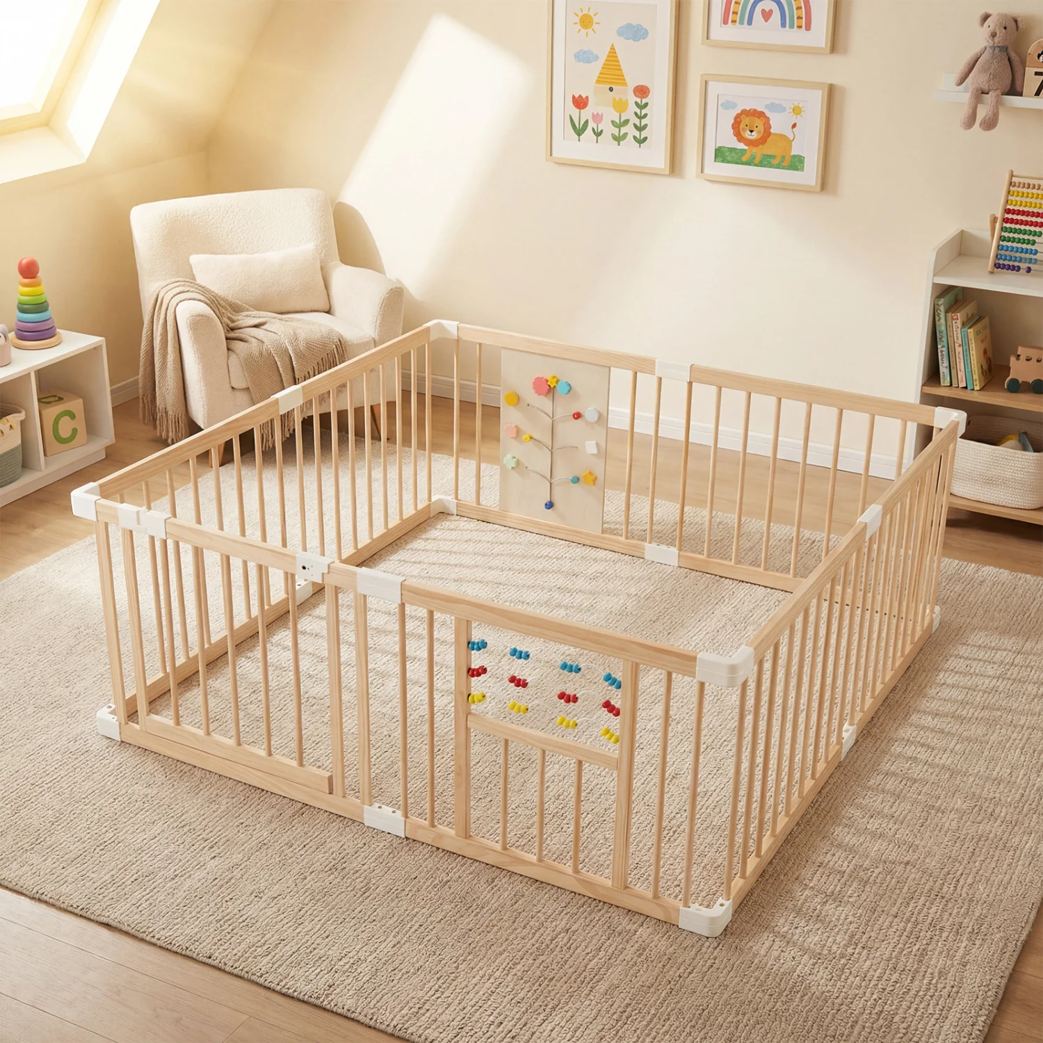 Wooden Baby Playpen, Adjustable Large Play Yard, Natural - Image 6