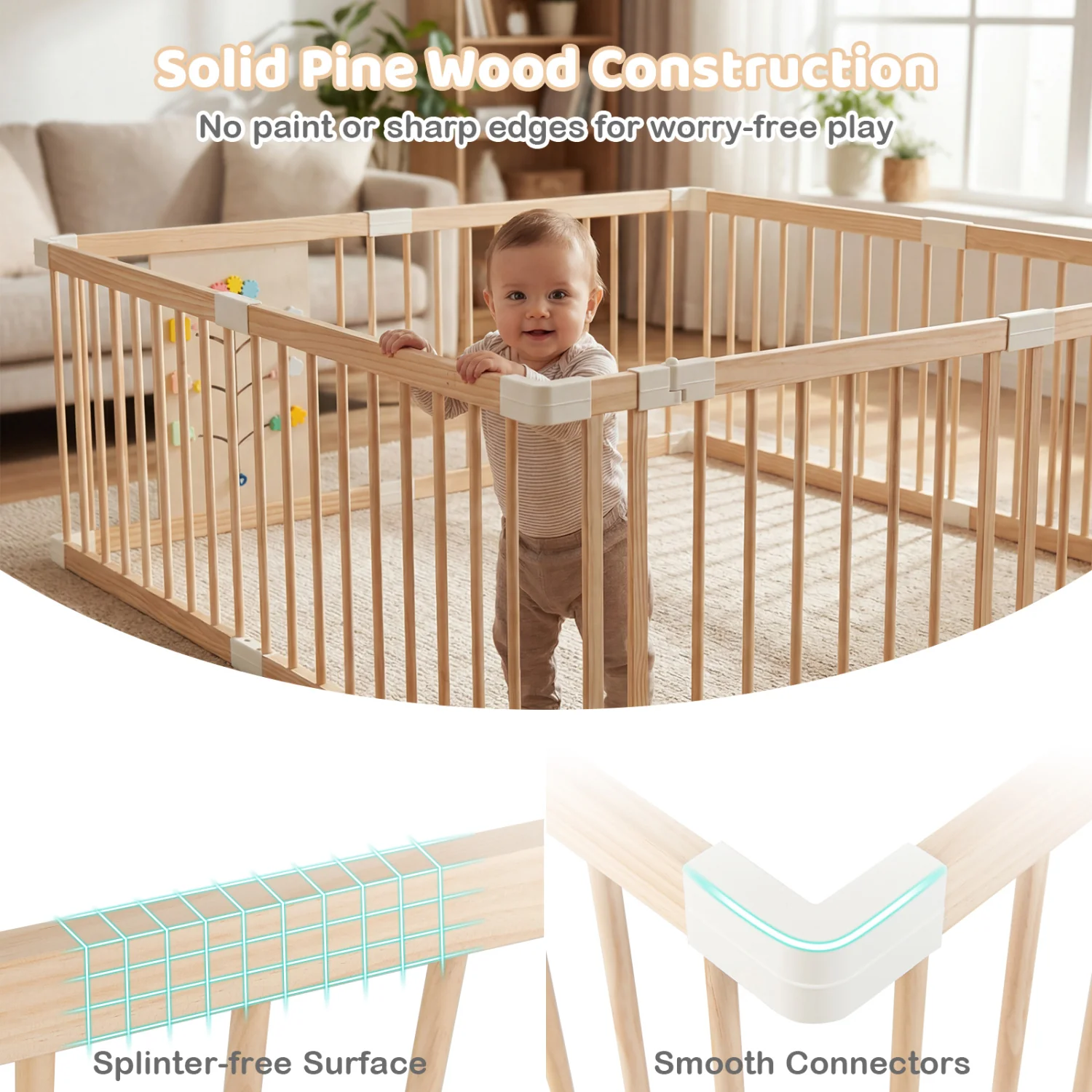 Wooden Baby Playpen, Adjustable Large Play Yard, Natural - Image 9