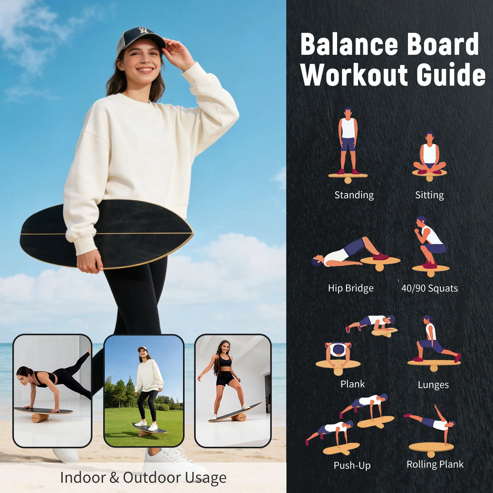 Wooden Balancing Board with Cork Roller and Storage Rack to Exercise-HS, Black - Image 10