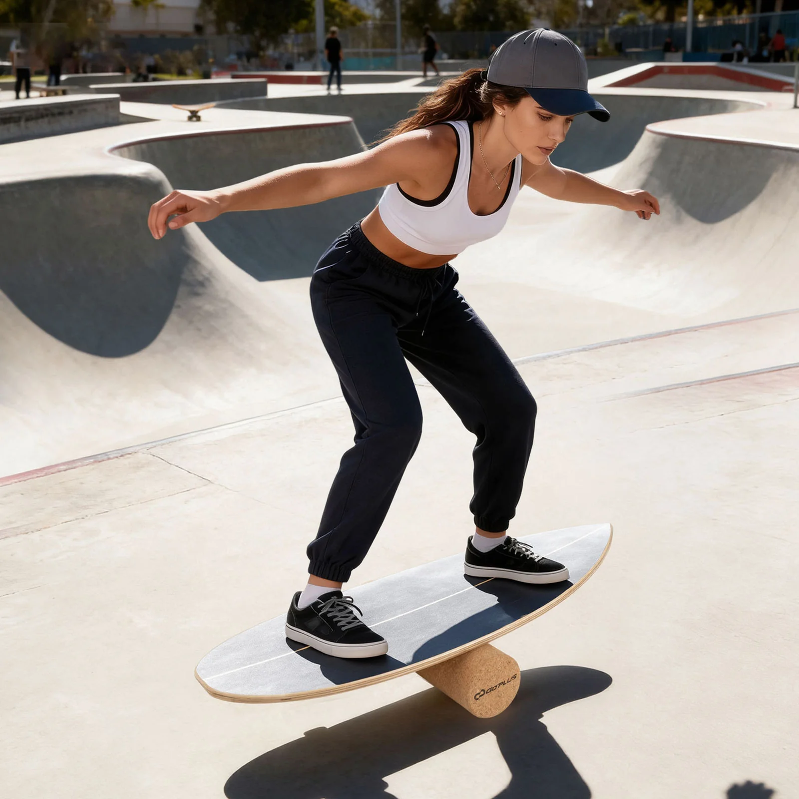 Wooden Balancing Board with Cork Roller and Storage Rack to Exercise-HS, Black - Image 2