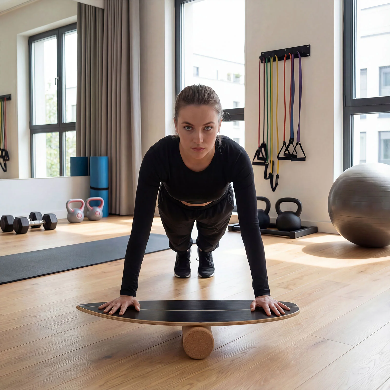 Wooden Balancing Board with Cork Roller and Storage Rack to Exercise-HS, Black - Image 3