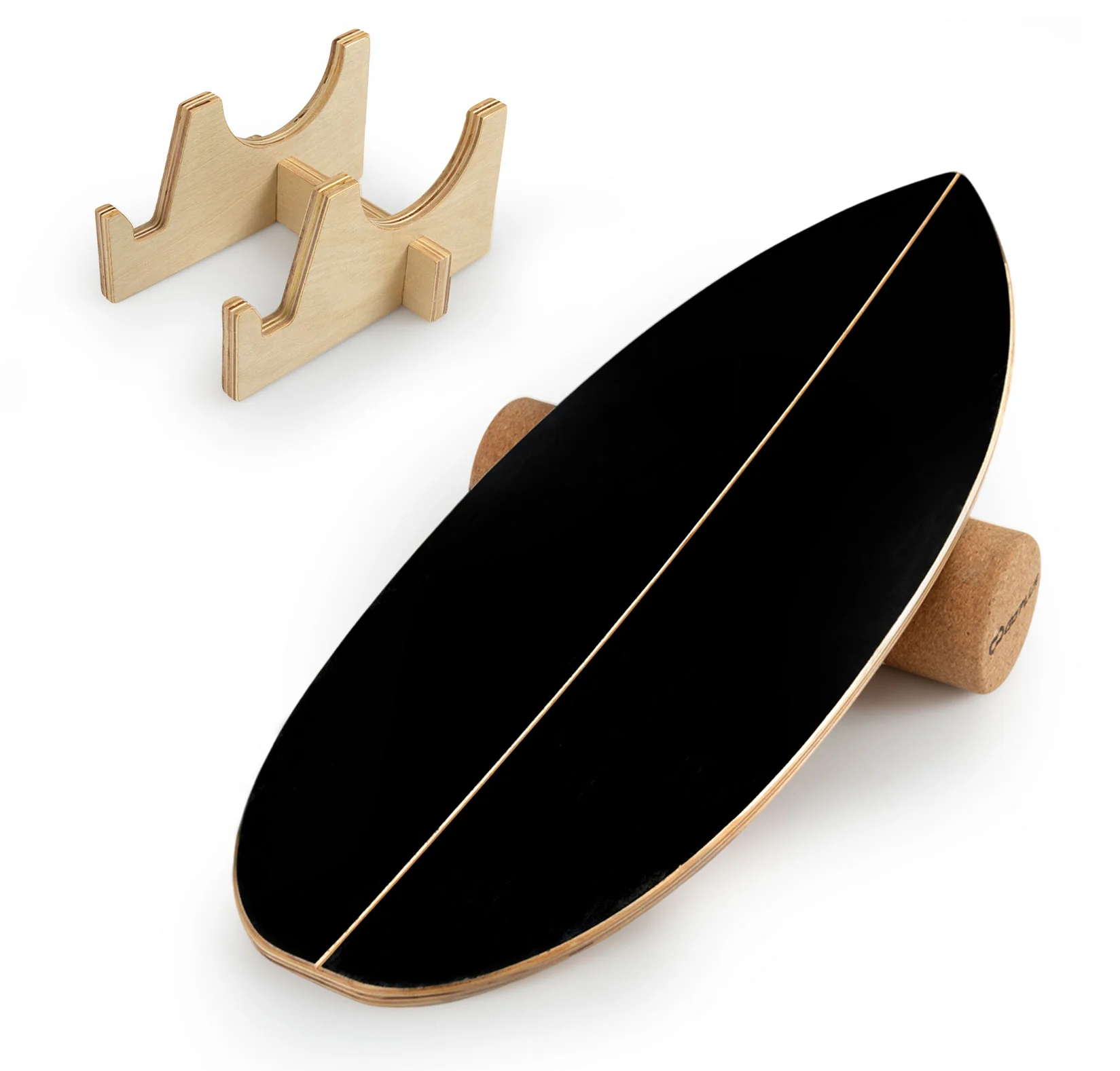 Wooden Balancing Board with Cork Roller and Storage Rack to Exercise-HS, Black - Image 4
