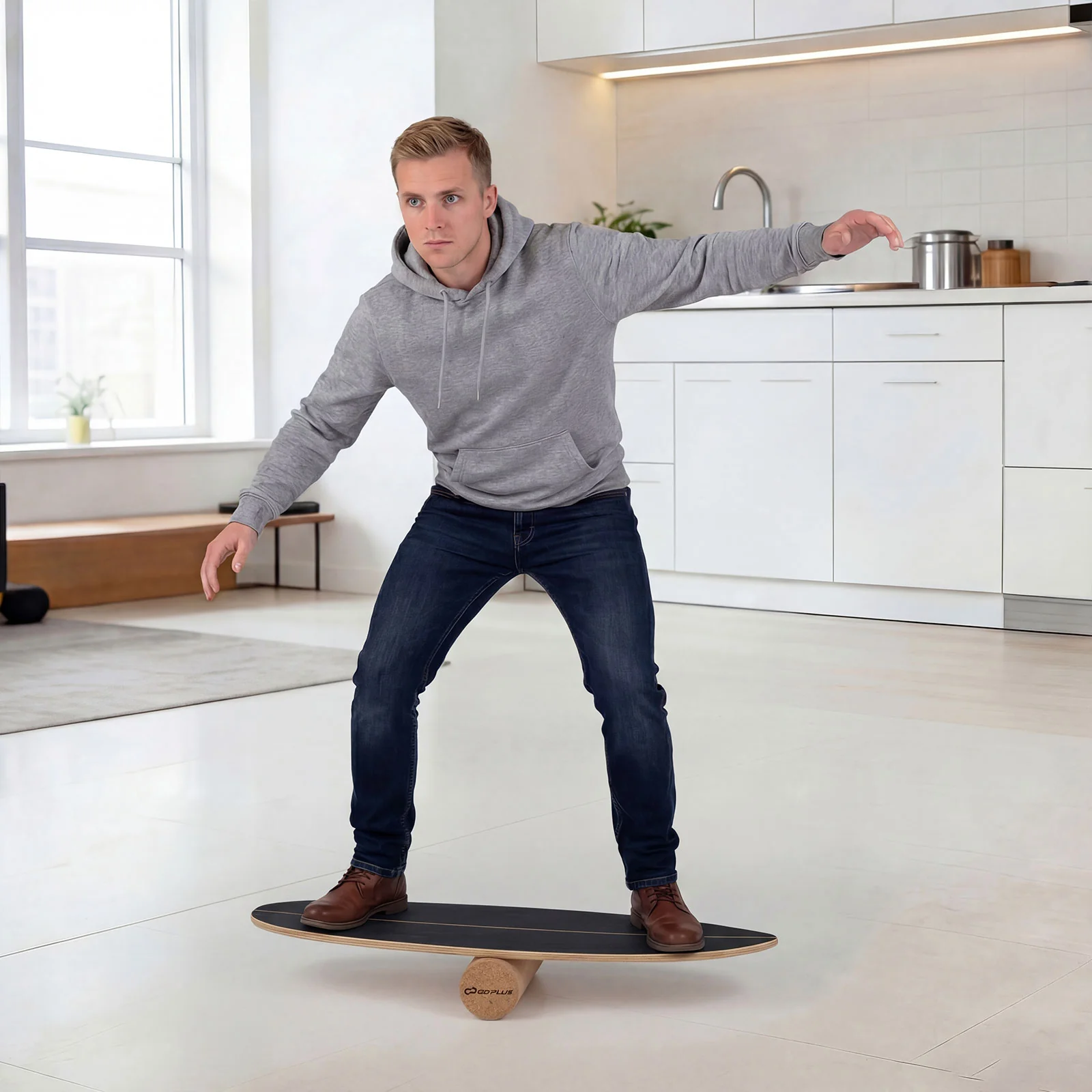 Wooden Balancing Board with Cork Roller and Storage Rack to Exercise-HS, Black - Image 6