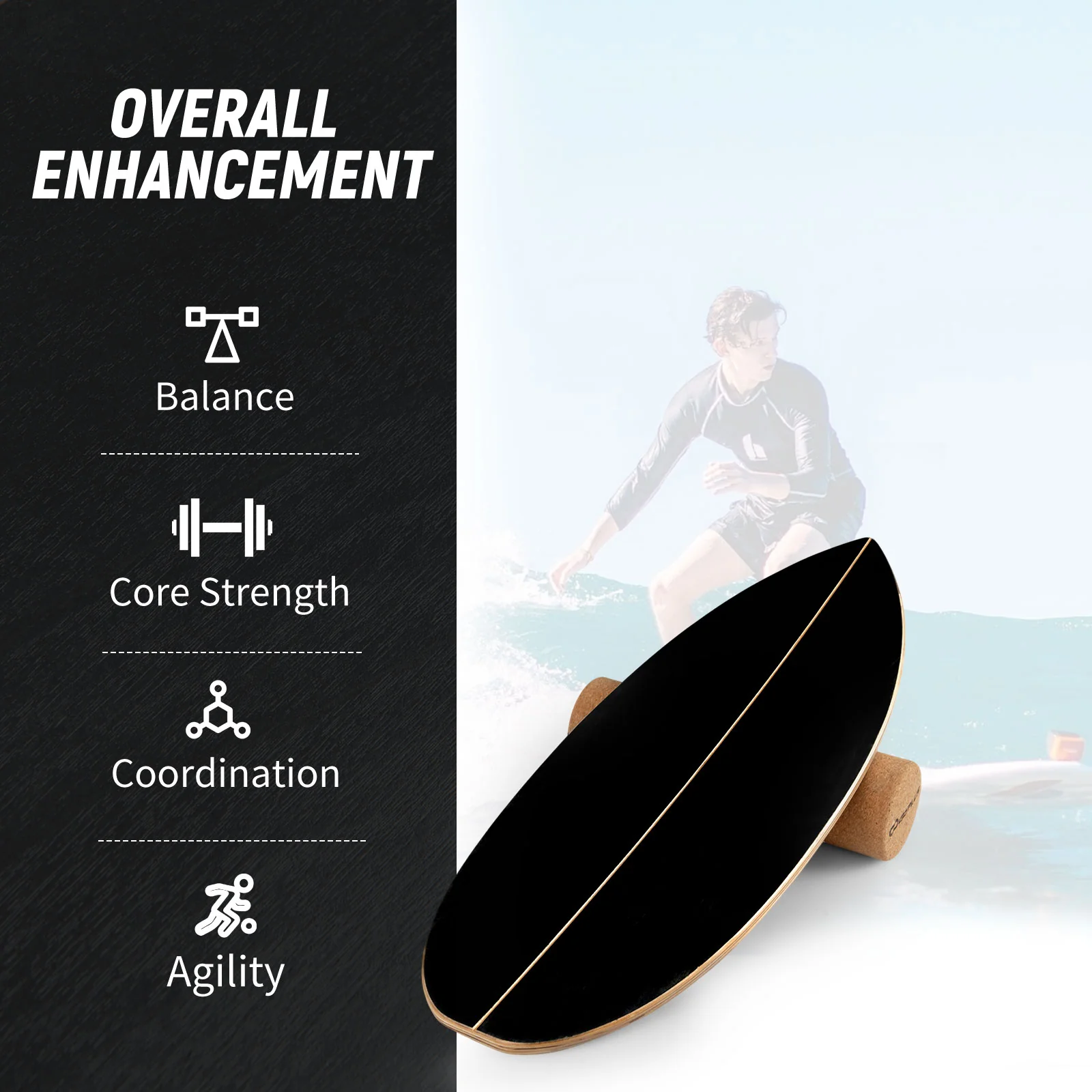 Wooden Balancing Board with Cork Roller and Storage Rack to Exercise-HS, Black - Image 9