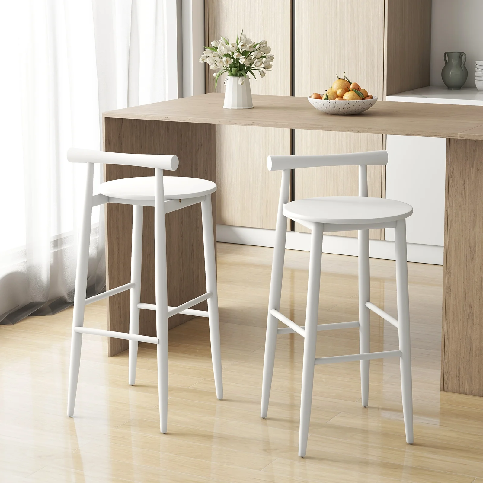 Wooden Bar Chair Set, 2 Chairs With Backrest And Footrest, White - Image 2