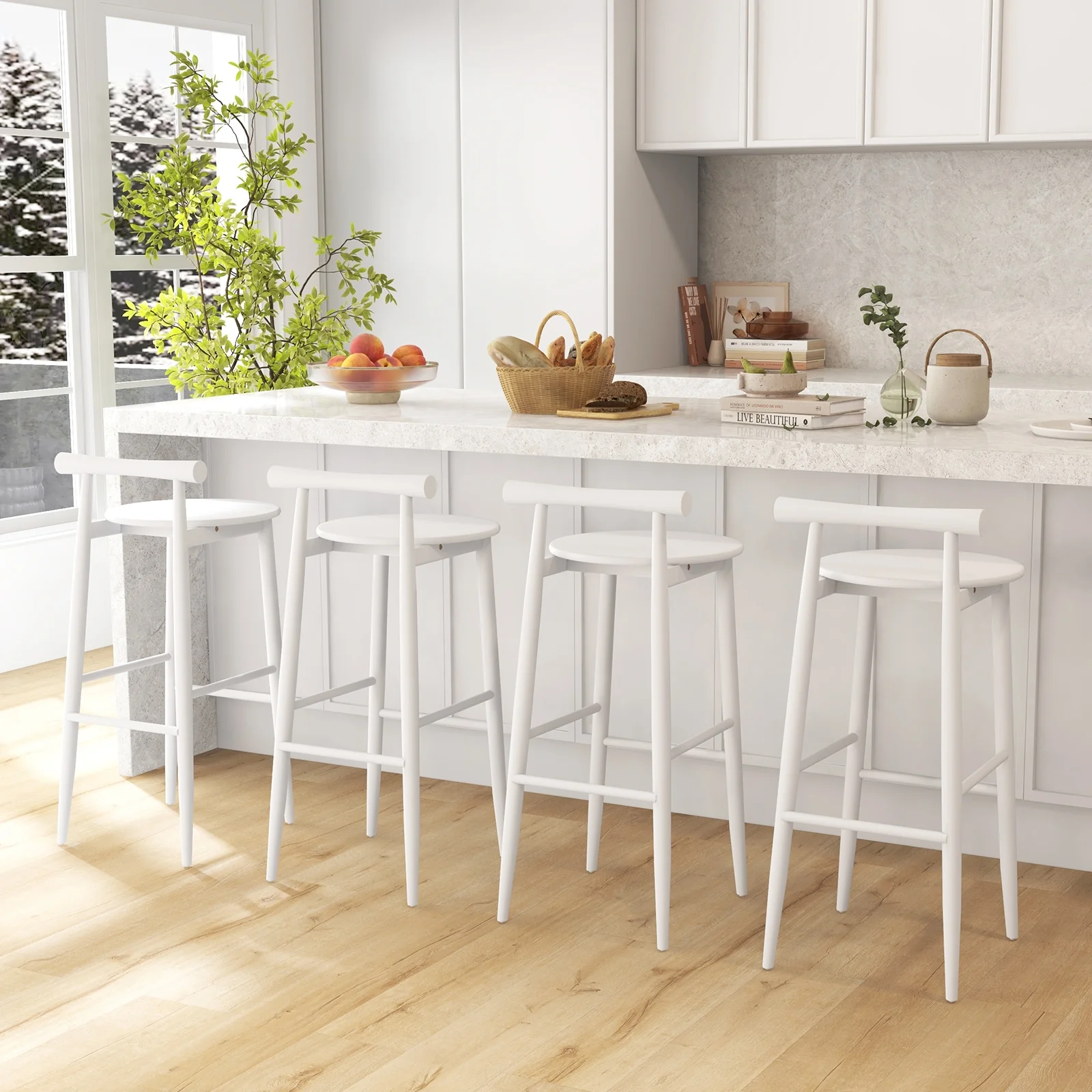 Wooden Bar Chair Set, 2 Chairs With Backrest And Footrest, White - Image 3