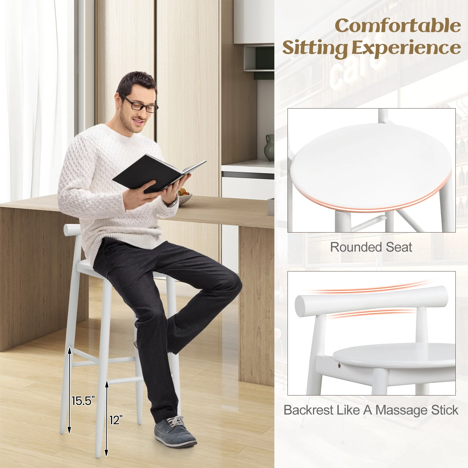 Wooden Bar Chair Set, 2 Chairs With Backrest And Footrest, White - Image 7