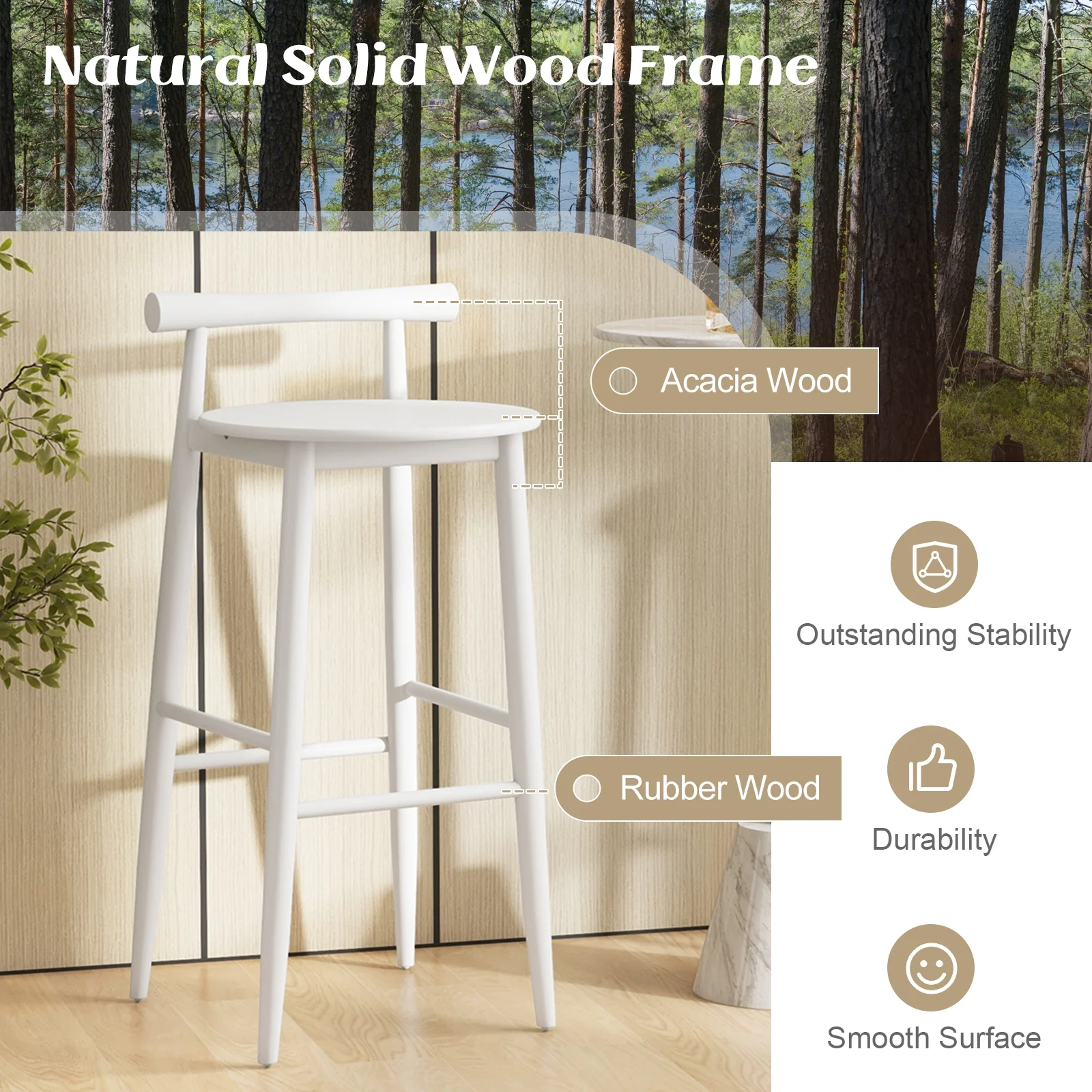 Wooden Bar Chair Set, 2 Chairs With Backrest And Footrest, White - Image 8