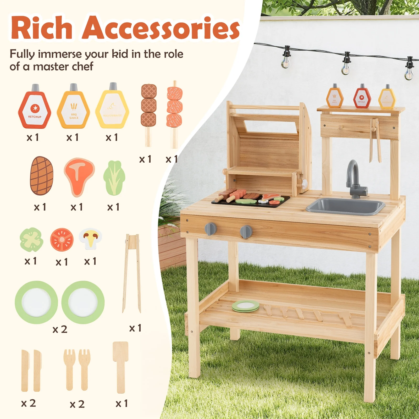 Wooden Barbecue Grill Playset, Play Food, Open Shelves, Natural - Image 10