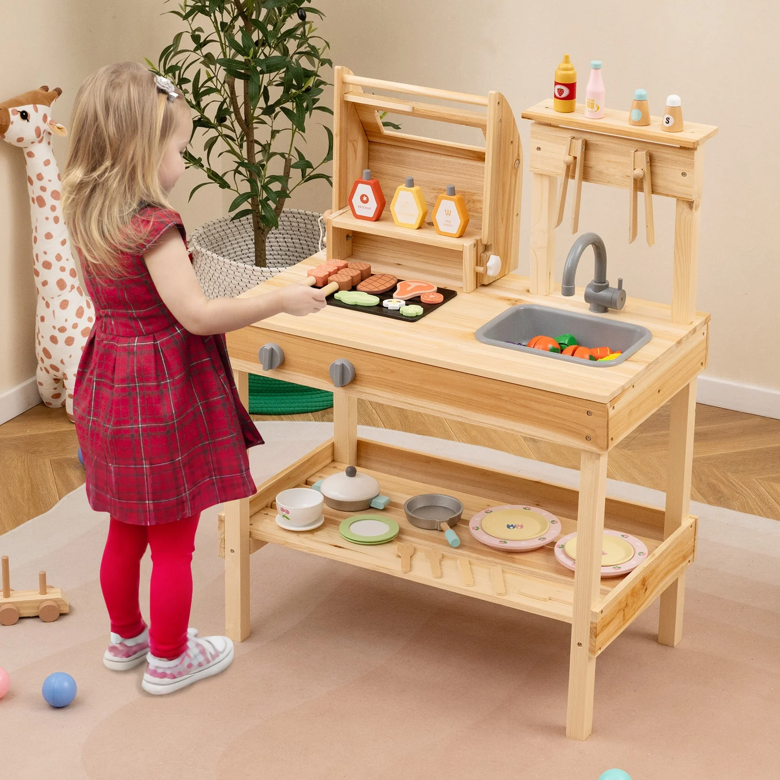Wooden Barbecue Grill Playset, Play Food, Open Shelves, Natural - Image 3