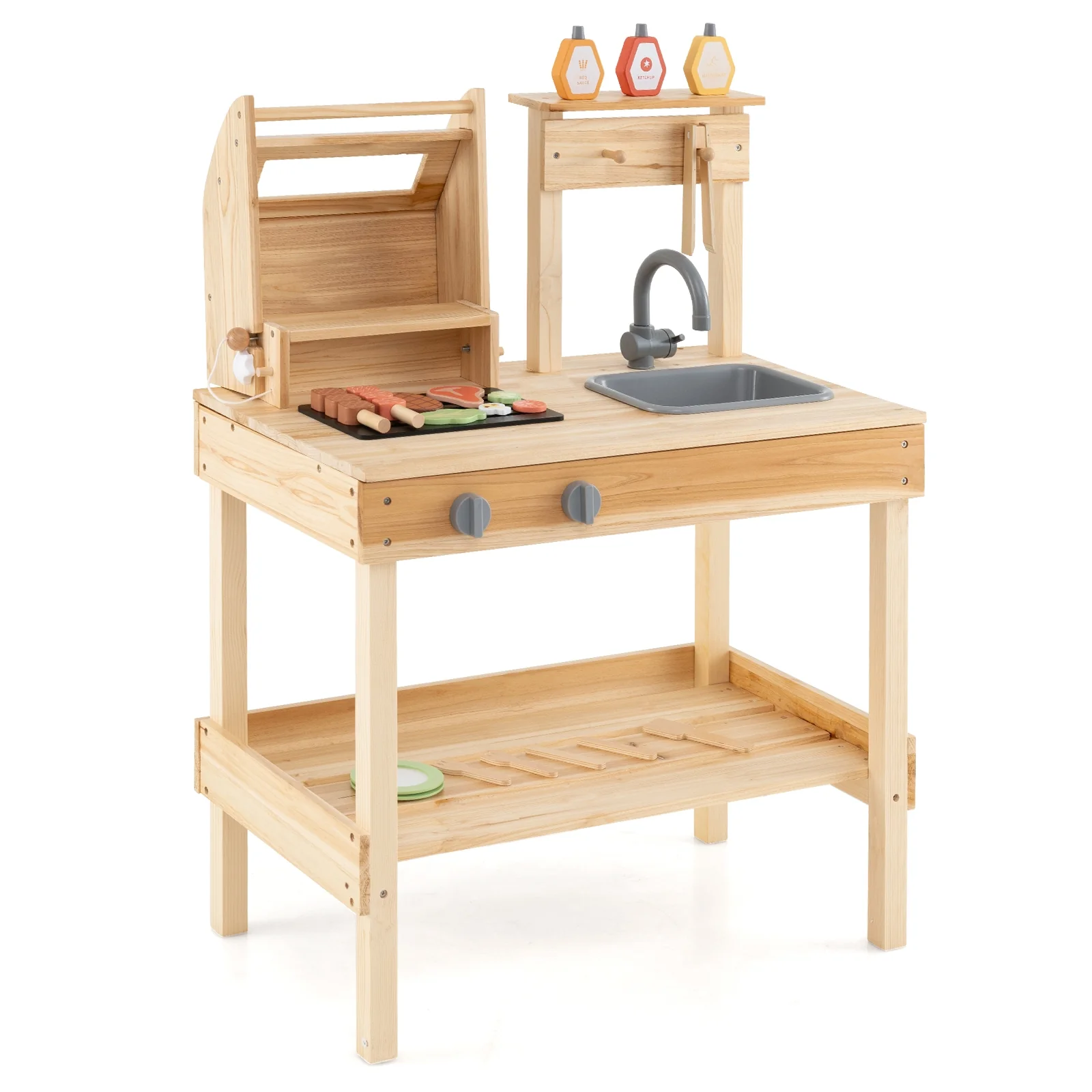 Wooden Barbecue Grill Playset, Play Food, Open Shelves, Natural - Image 4