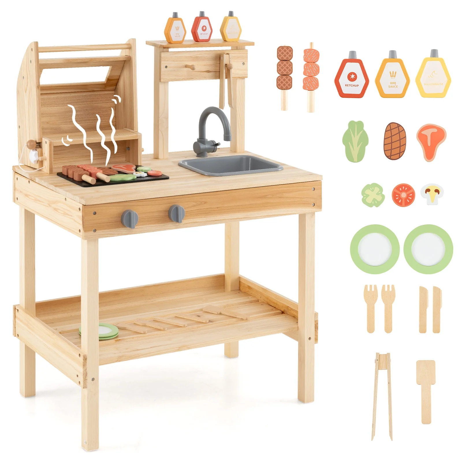 Wooden Barbecue Grill Playset, Play Food, Open Shelves, Natural - Image 5