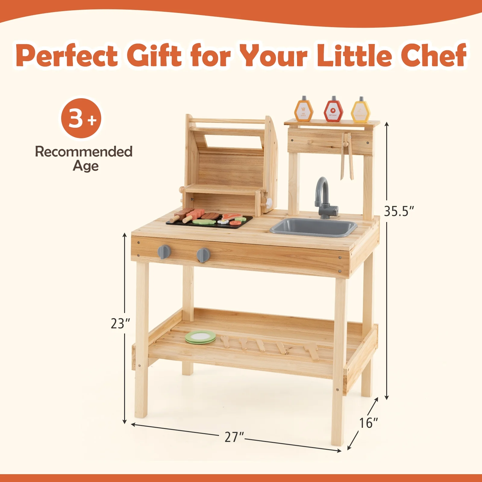 Wooden Barbecue Grill Playset, Play Food, Open Shelves, Natural - Image 6