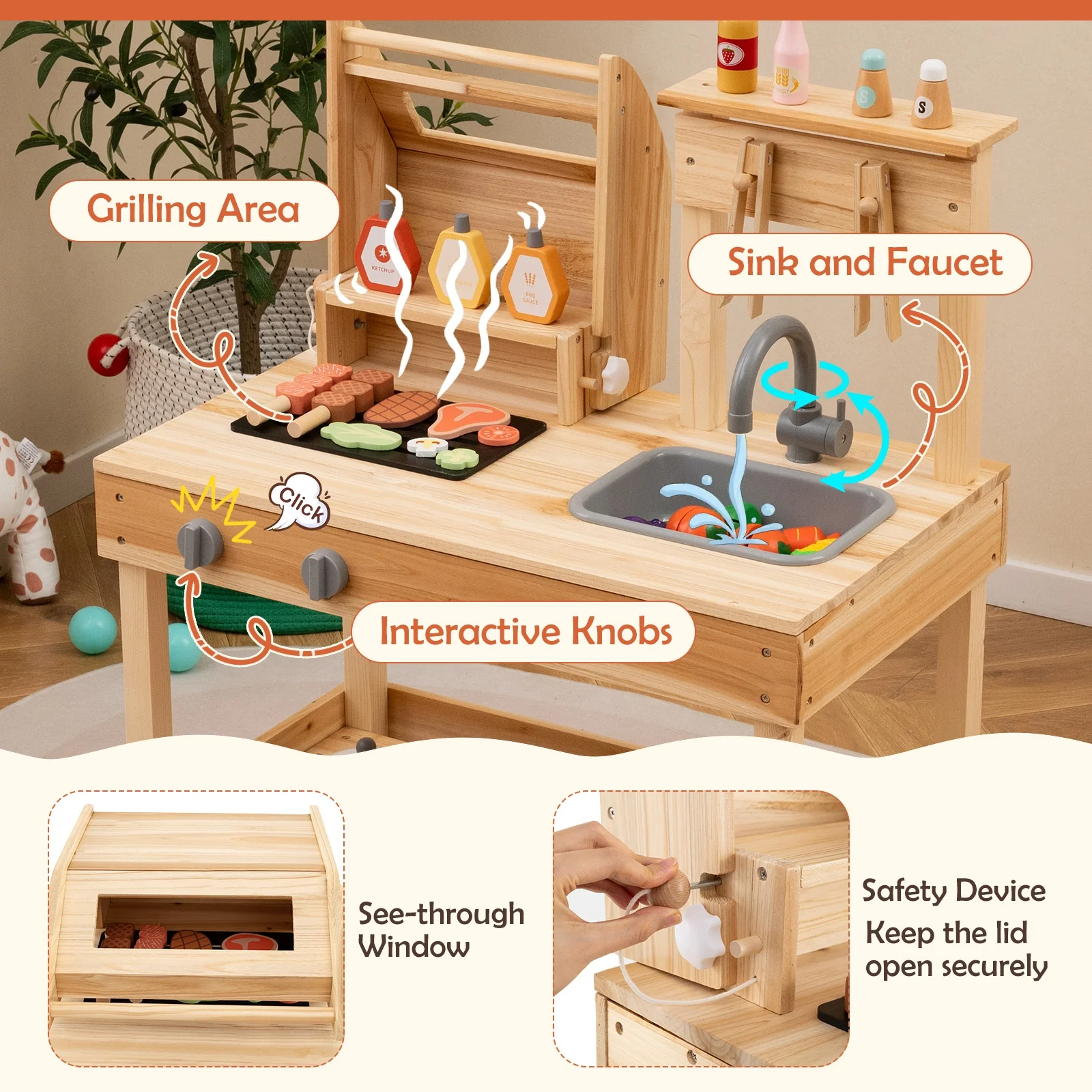 Wooden Barbecue Grill Playset, Play Food, Open Shelves, Natural - Image 7