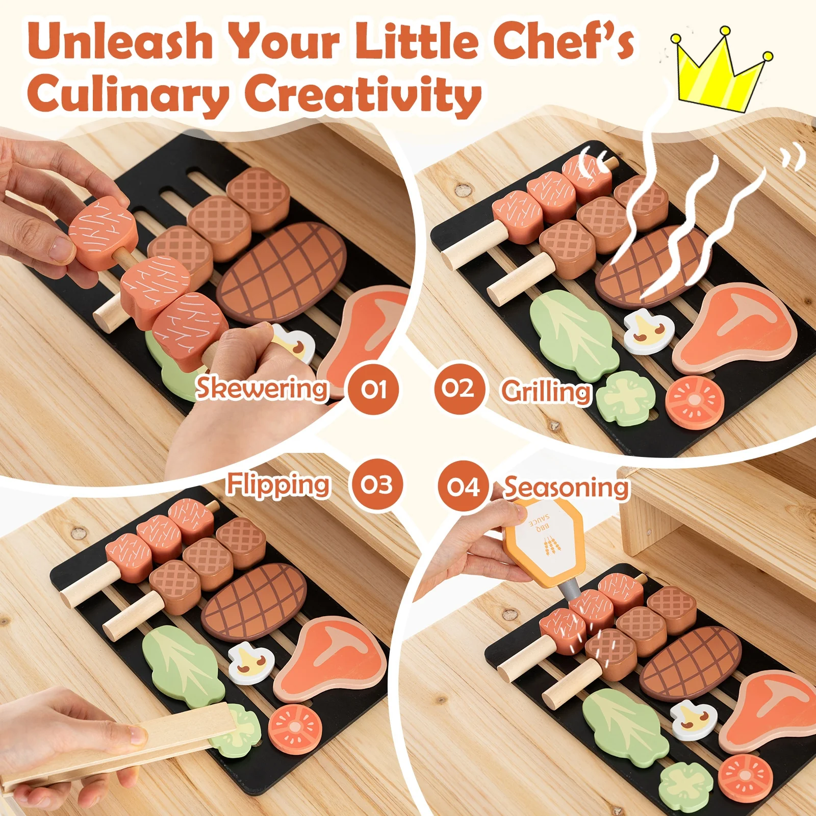 Wooden Barbecue Grill Playset, Play Food, Open Shelves, Natural - Image 8