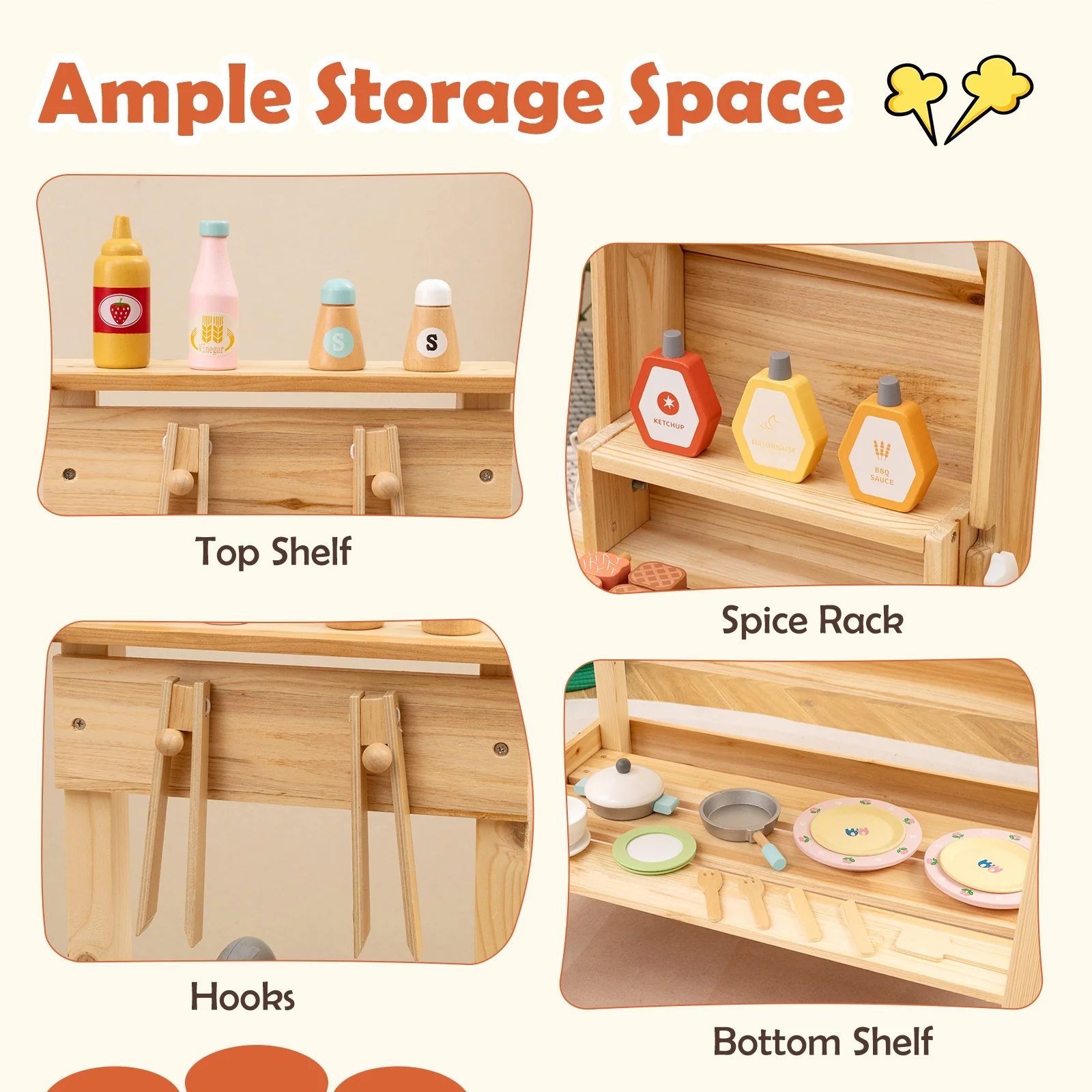 Wooden Barbecue Grill Playset, Play Food, Open Shelves, Natural - Image 9