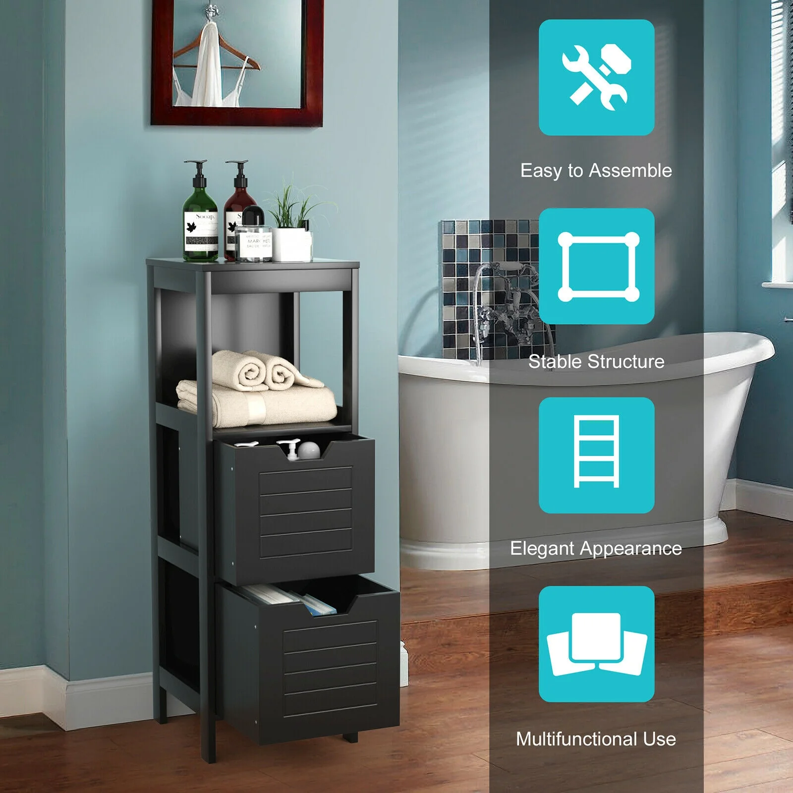 Wooden Bathroom Floor Cabinet, Storage Rack Organizer, Black - Image 10