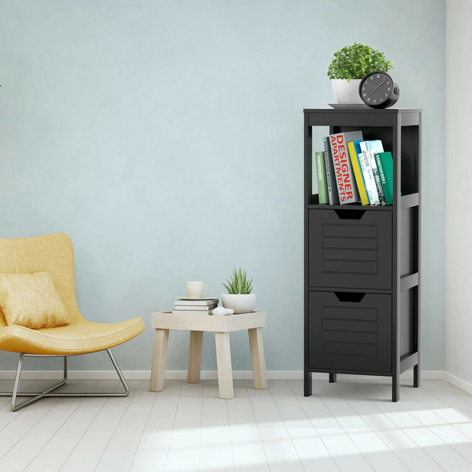 Wooden Bathroom Floor Cabinet, Storage Rack Organizer, Black - Image 3