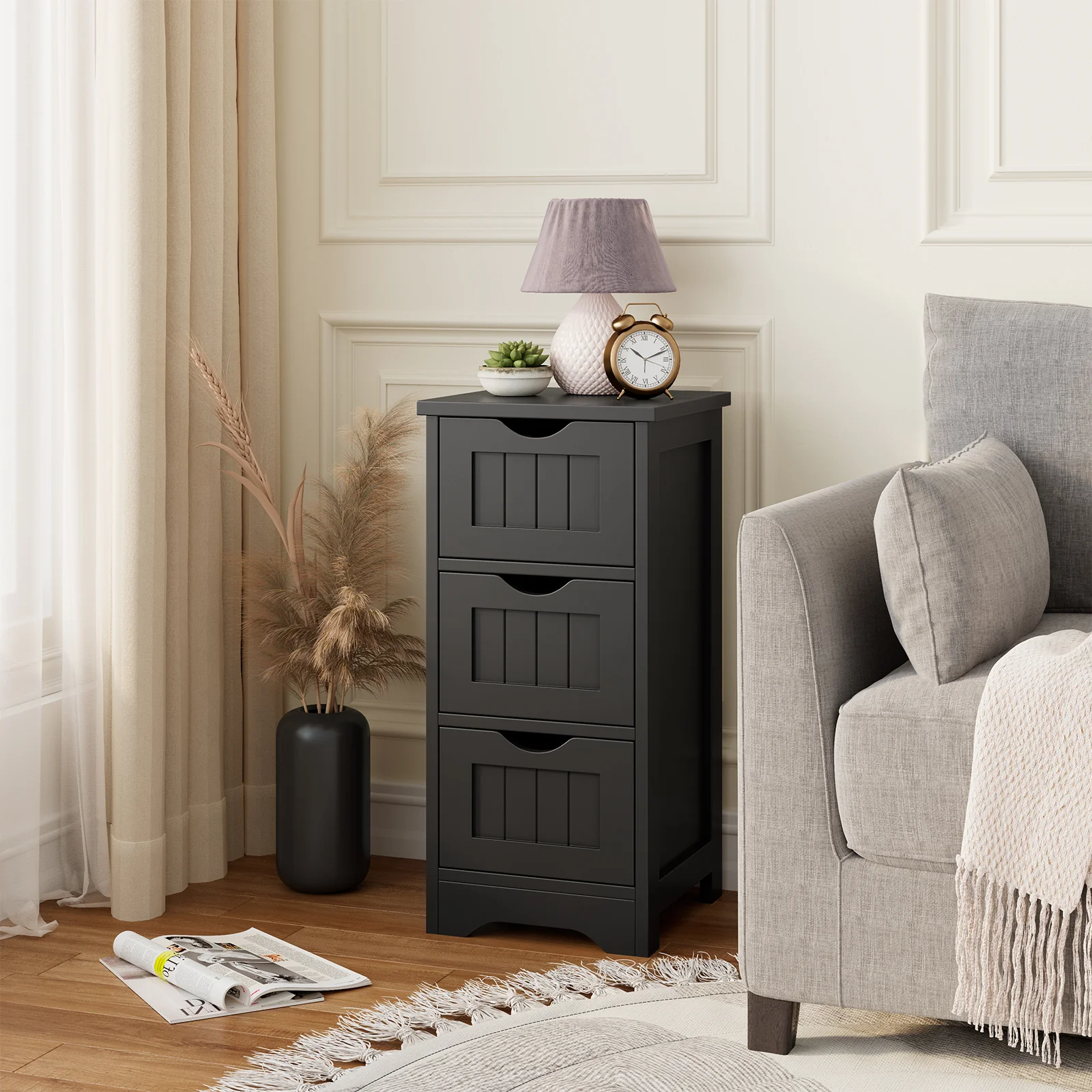 Wooden Bathroom Storage Cabinet, 3-Tier, Black - Image 2