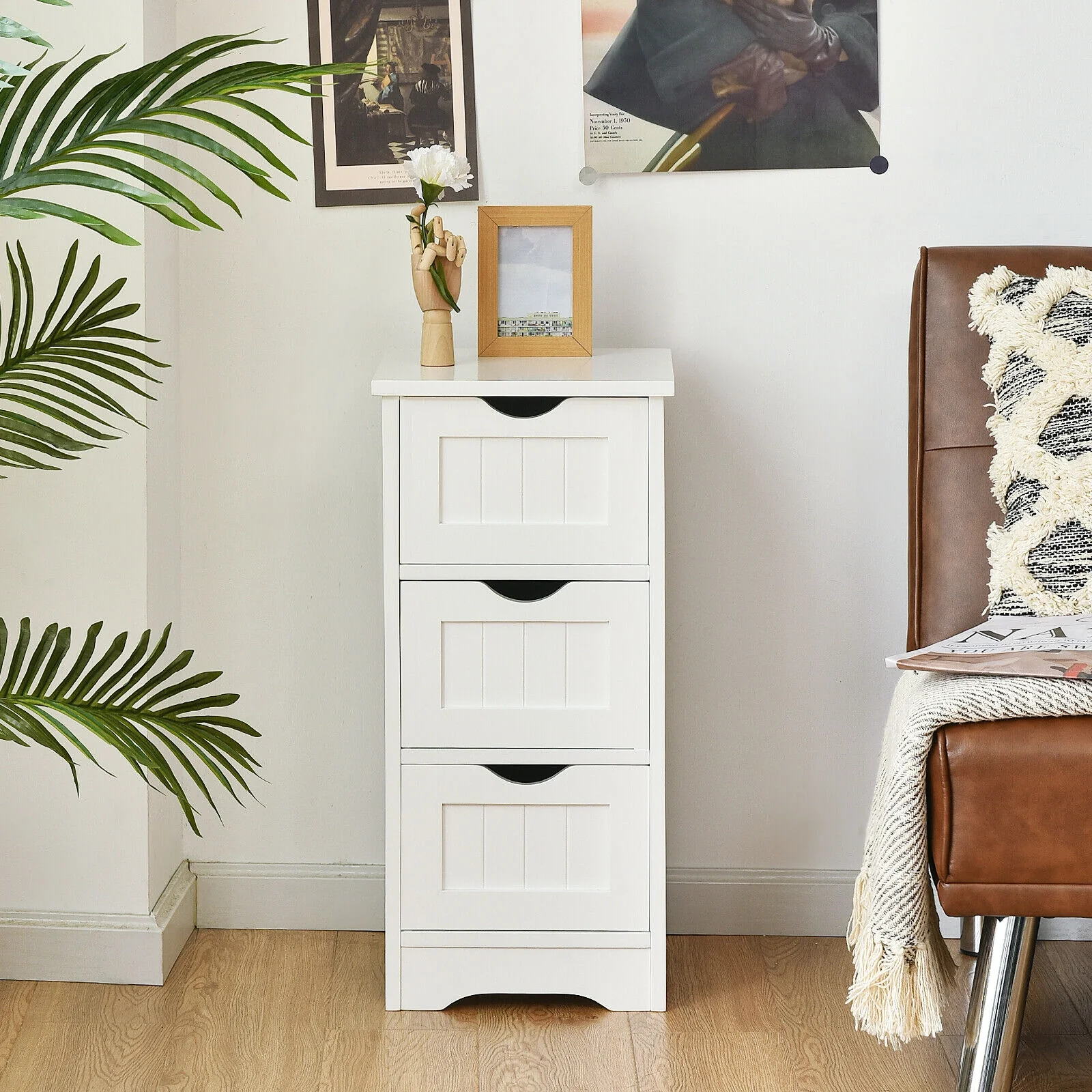 Wooden Bathroom Storage Cabinet, 3-Tier Free Standing Organizer, White - Image 3