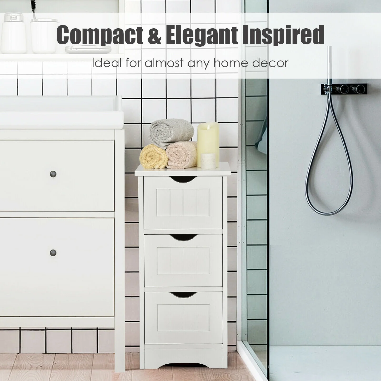 Wooden Bathroom Storage Cabinet, 3-Tier Free Standing Organizer, White - Image 8