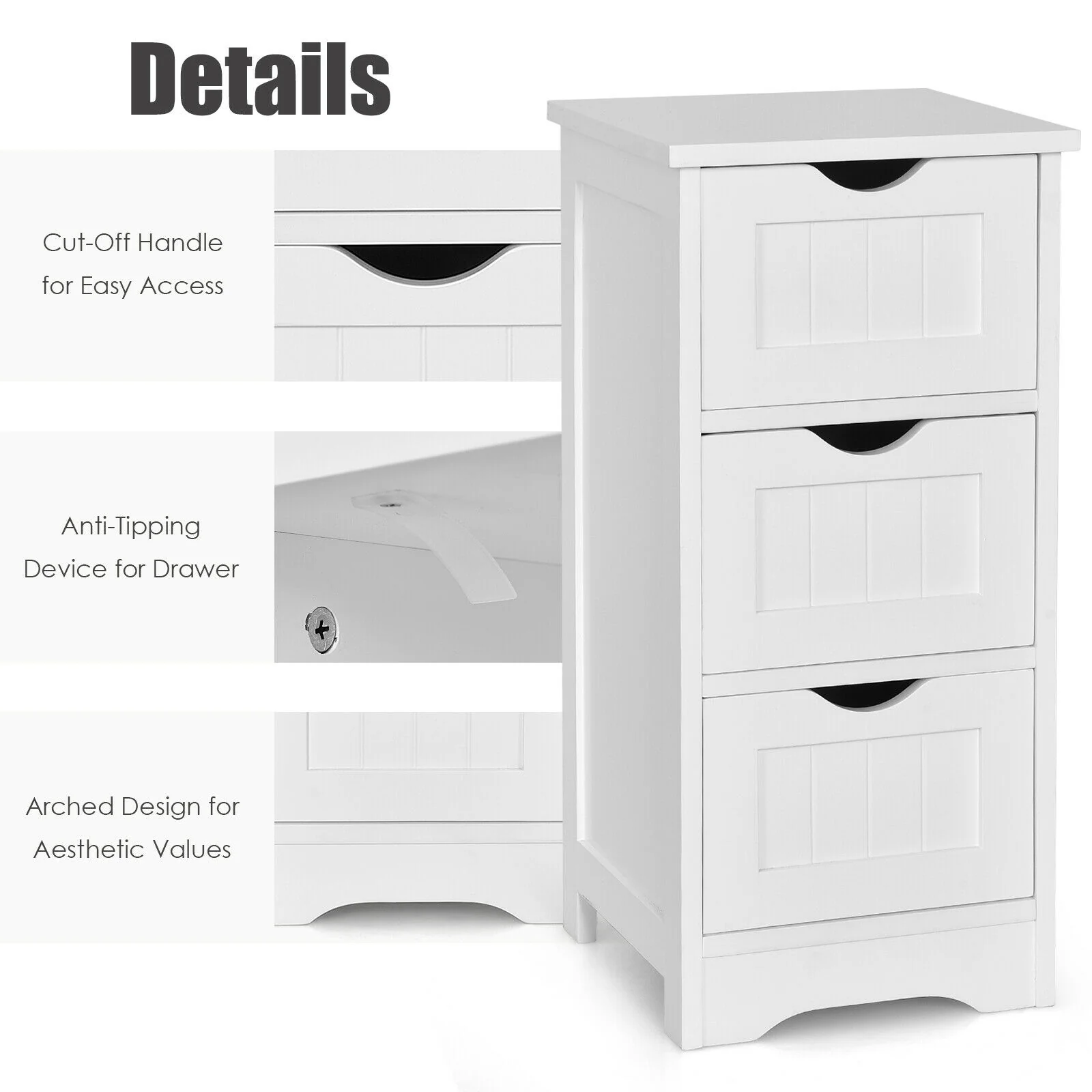 Wooden Bathroom Storage Cabinet, 3-Tier Free Standing Organizer, White - Image 9