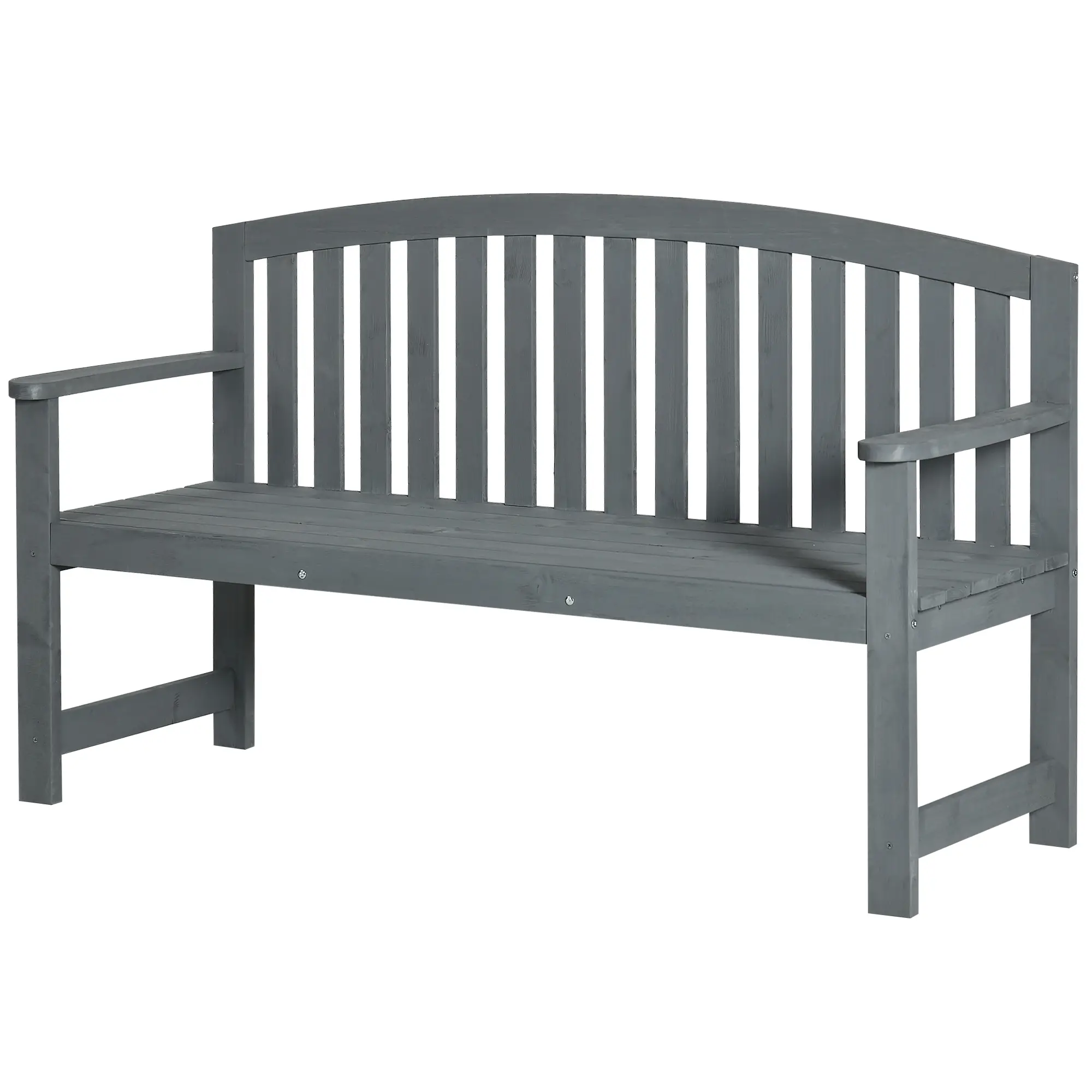 Wooden Bench, Slatted Design with Backrest, Armrests, Grey