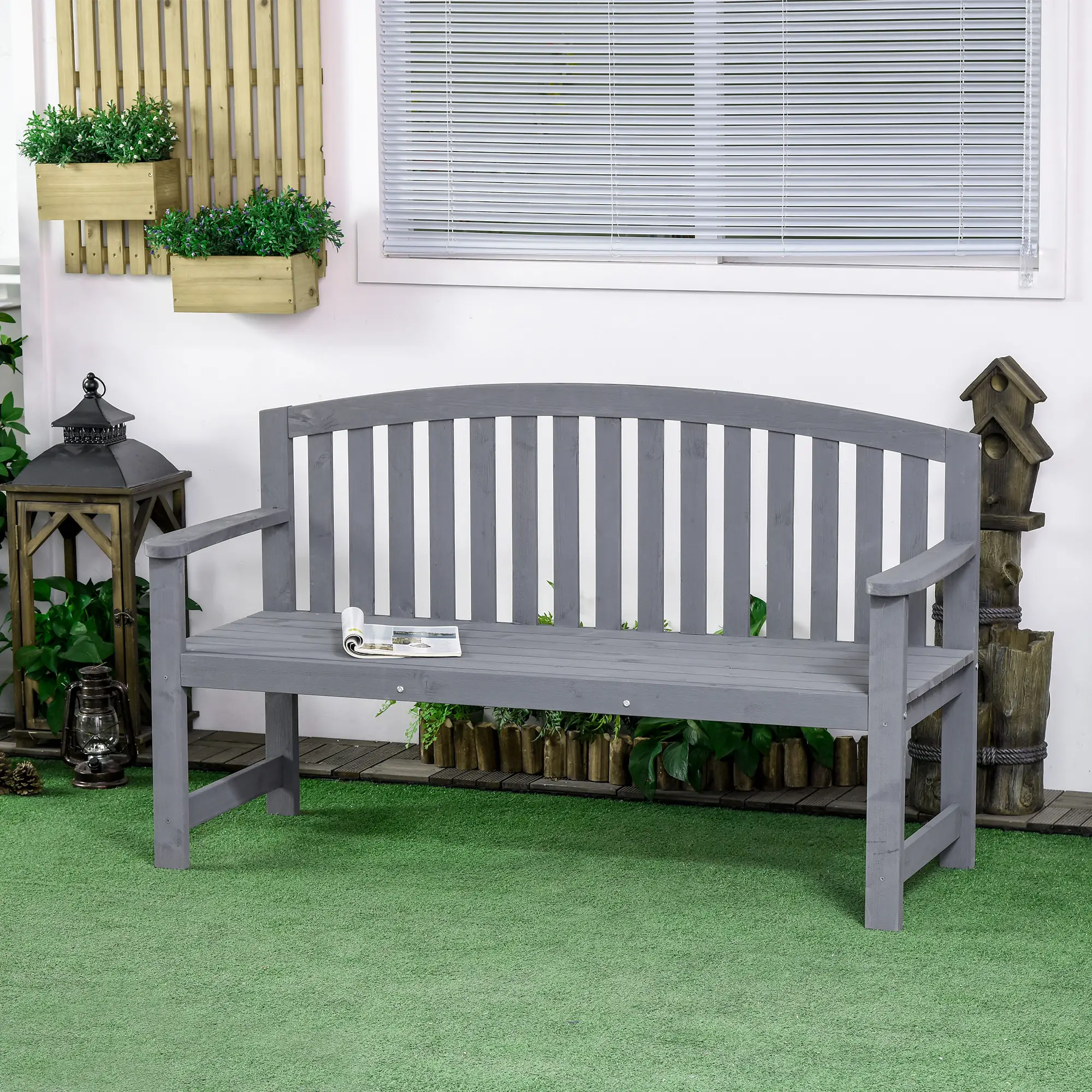 Wooden Bench, Slatted Design with Backrest, Armrests, Grey - Image 2