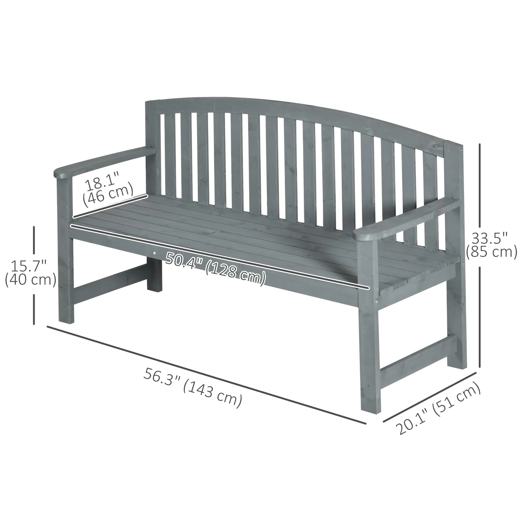 Wooden Bench, Slatted Design with Backrest, Armrests, Grey - Image 3