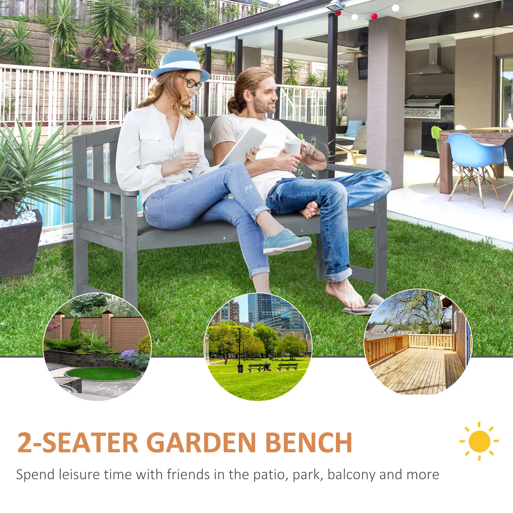 Wooden Bench, Slatted Design with Backrest, Armrests, Grey - Image 4