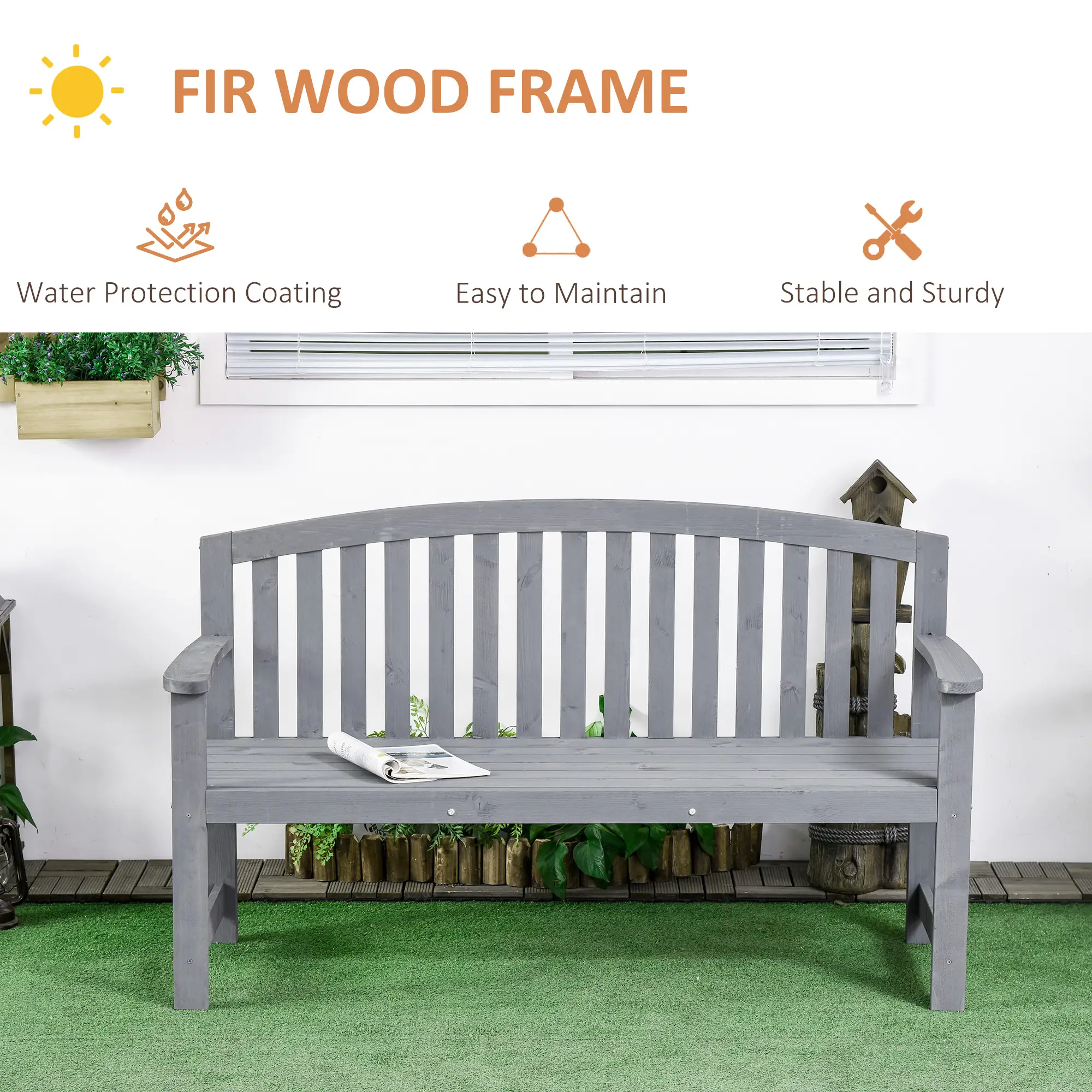 Wooden Bench, Slatted Design with Backrest, Armrests, Grey - Image 5