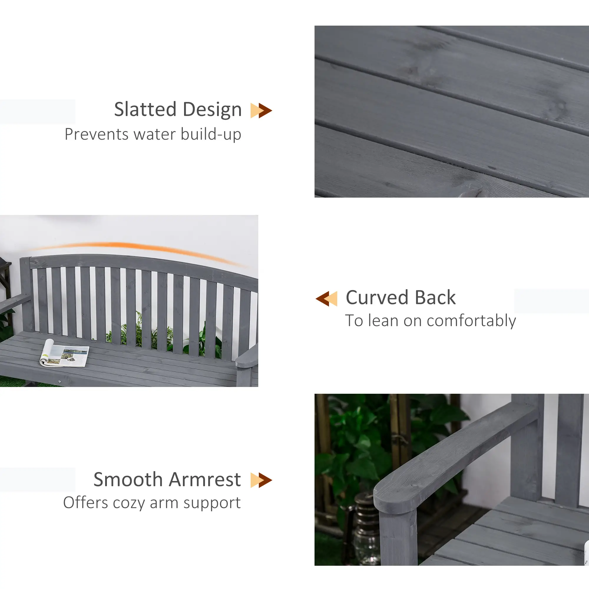 Wooden Bench, Slatted Design with Backrest, Armrests, Grey - Image 6