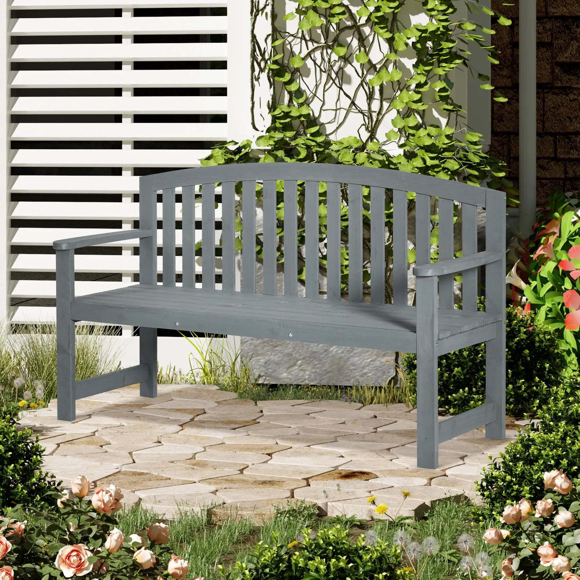 Wooden Bench, Slatted Design with Backrest, Armrests, Grey - Image 8