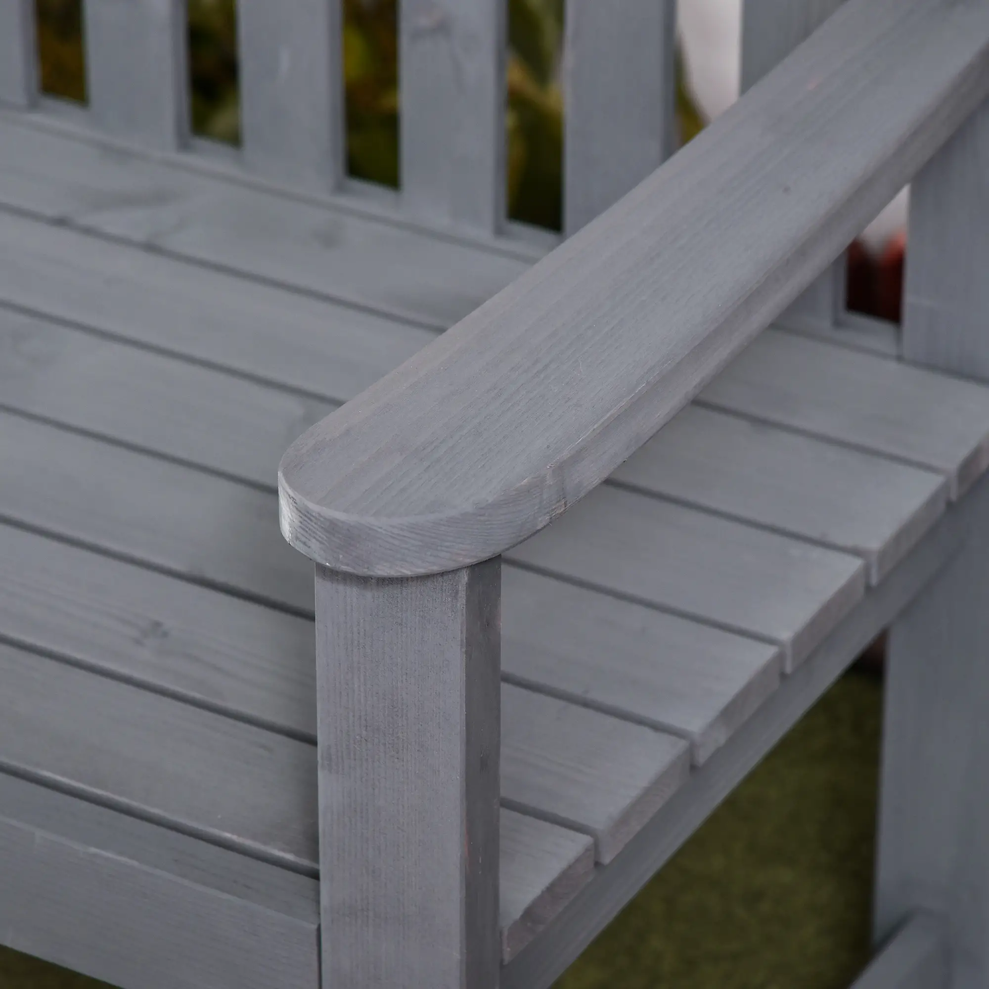Wooden Bench, Slatted Design with Backrest, Armrests, Grey - Image 9
