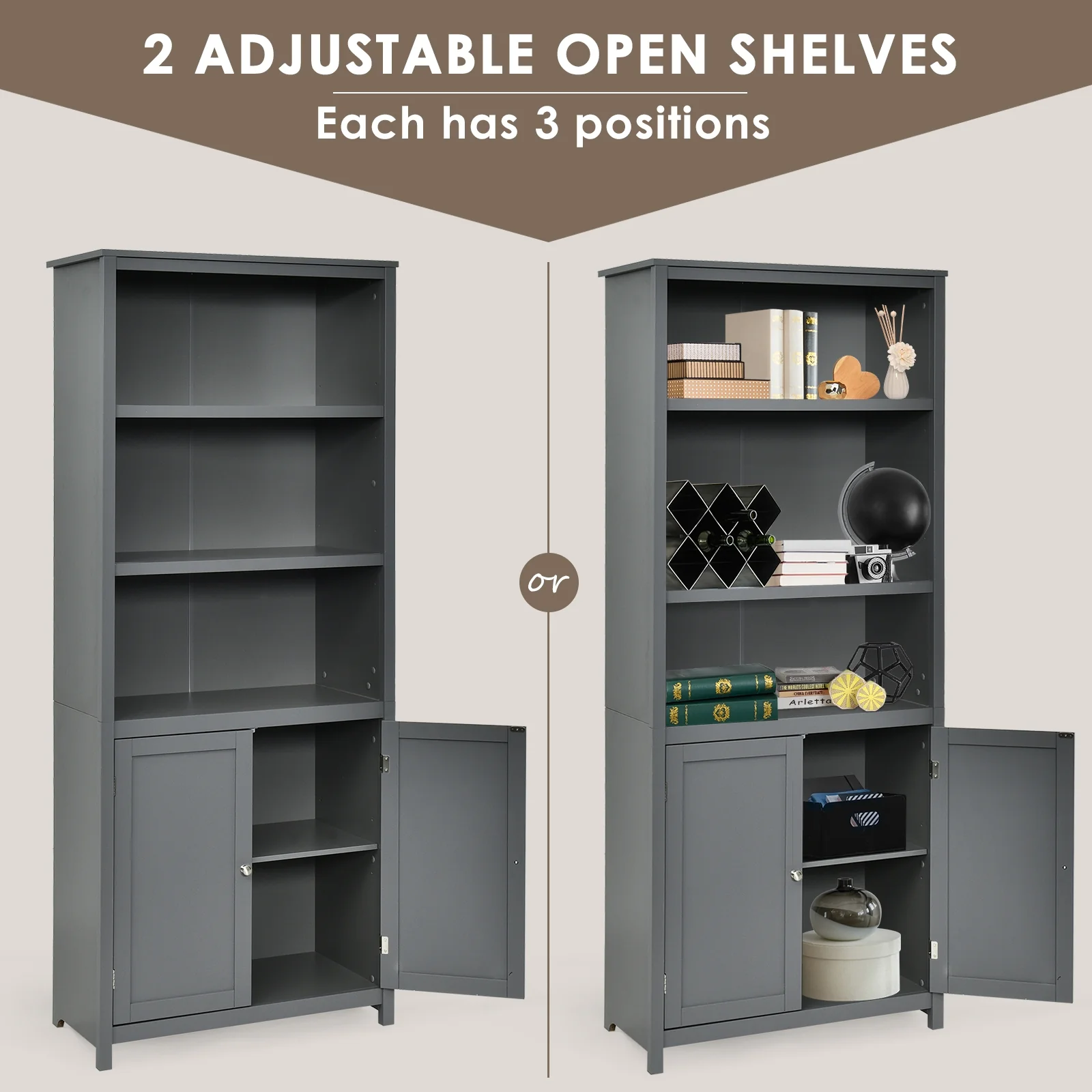 Wooden Bookcase With Doors, Storage Cabinet Unit, Gray - Image 10