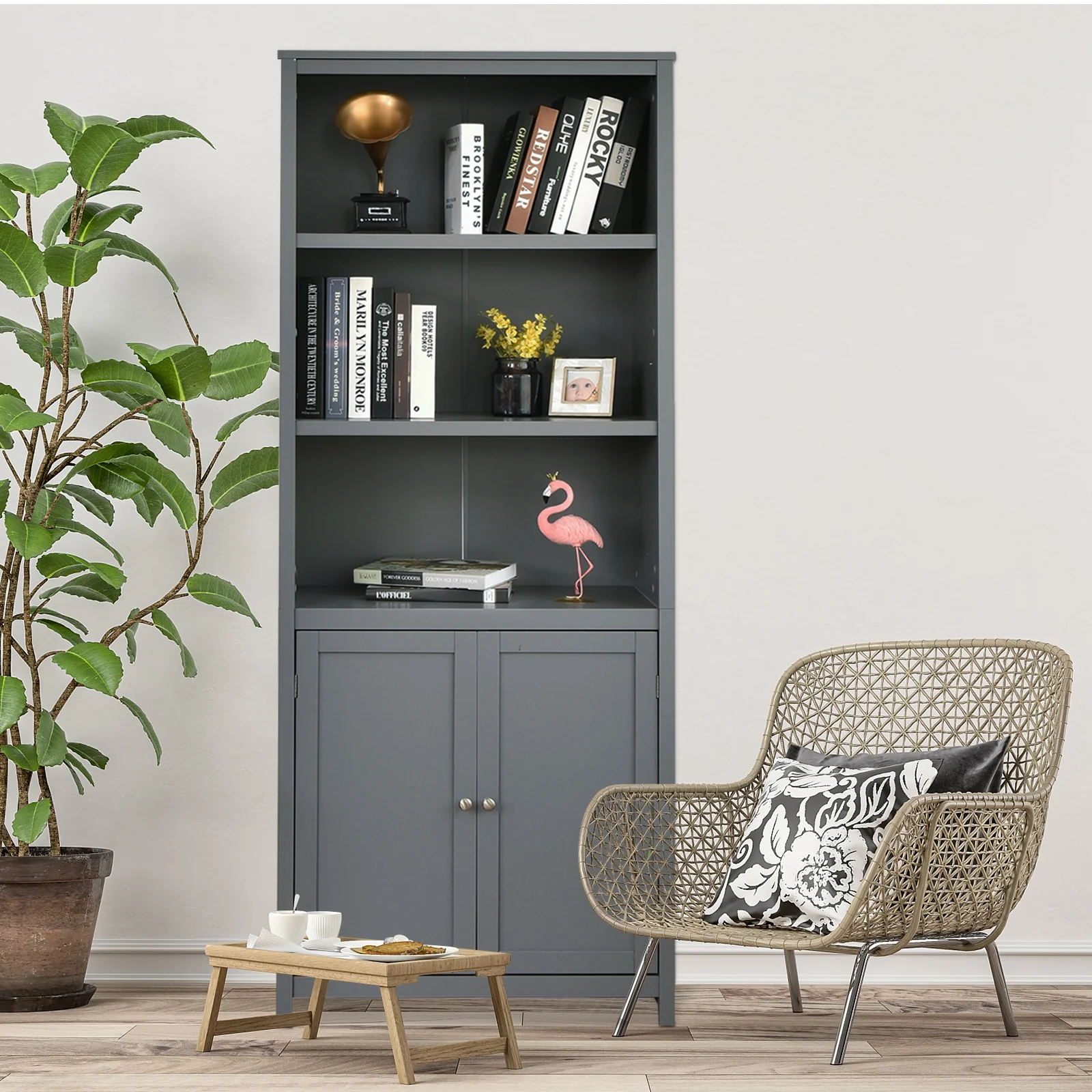 Wooden Bookcase With Doors, Storage Cabinet Unit, Gray - Image 2