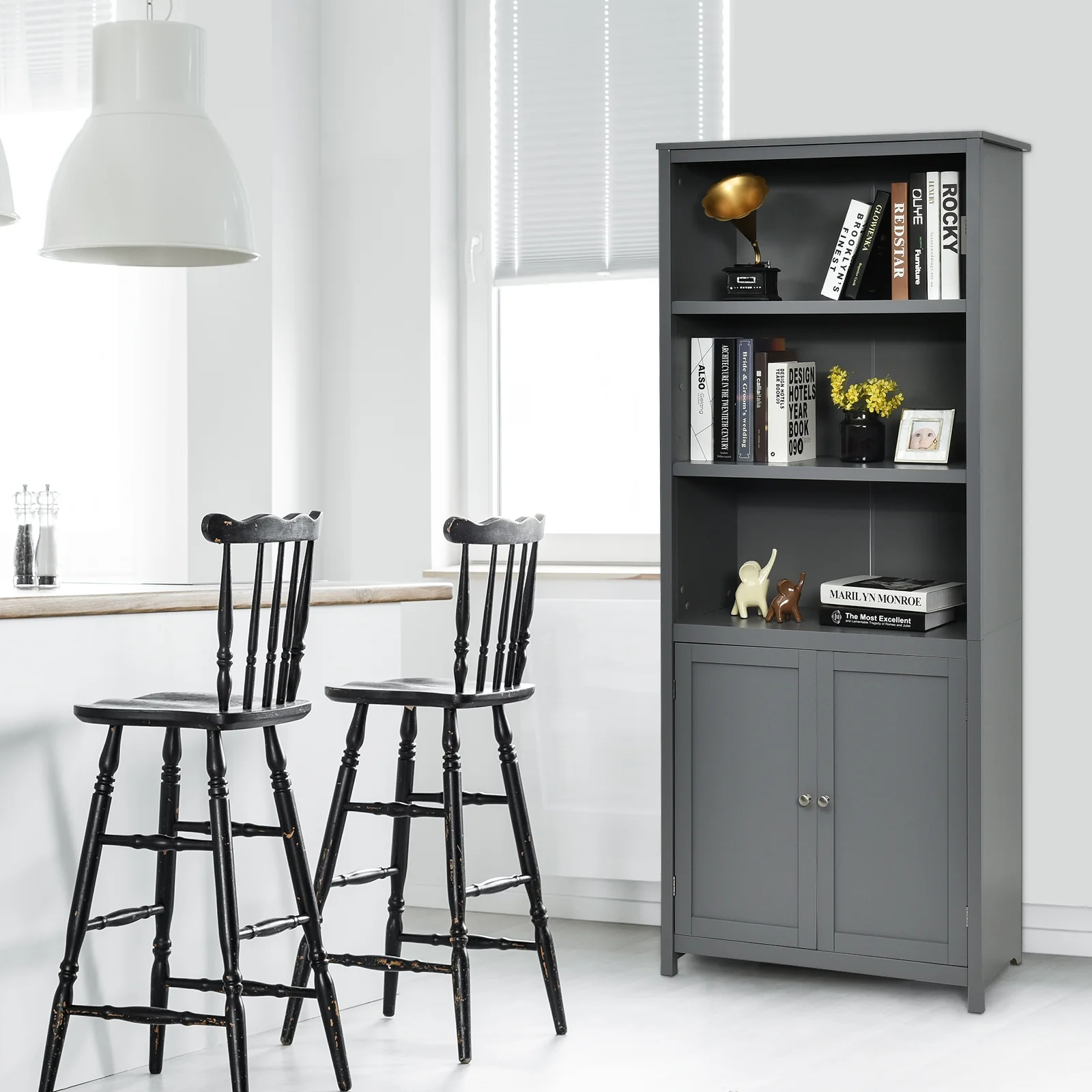 Wooden Bookcase With Doors, Storage Cabinet Unit, Gray - Image 3