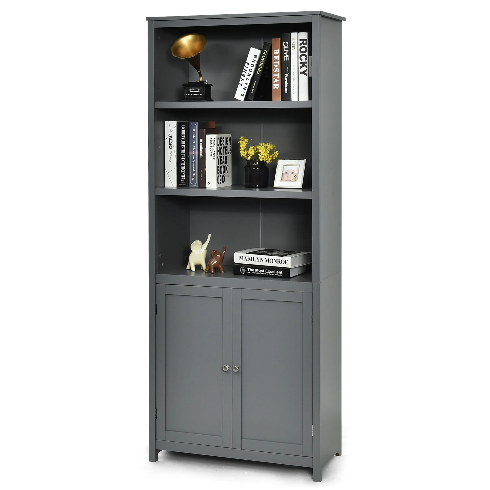 Wooden Bookcase With Doors, Storage Cabinet Unit, Gray - Image 5