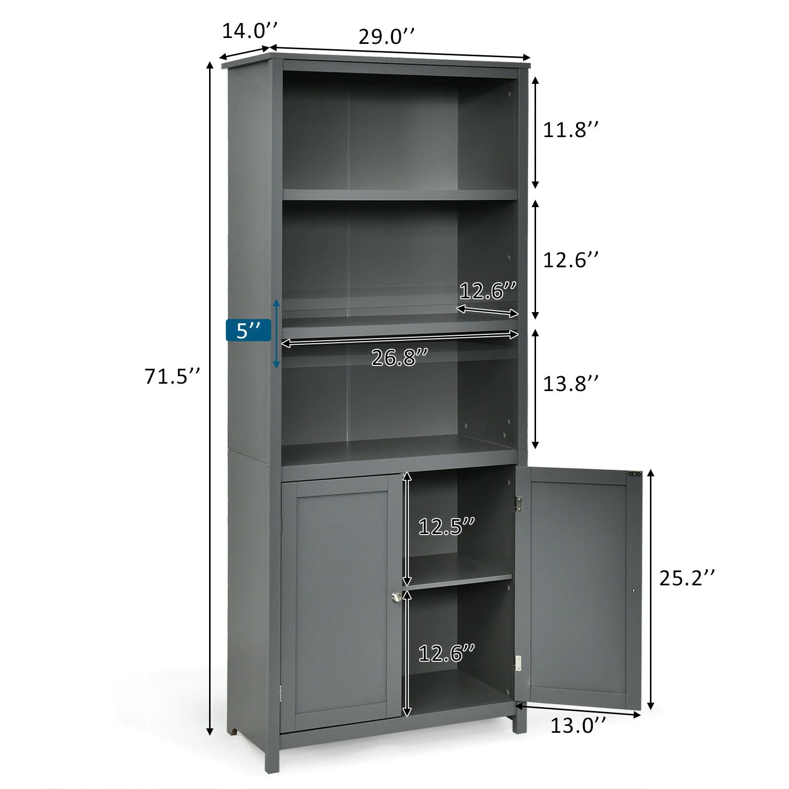 Wooden Bookcase With Doors, Storage Cabinet Unit, Gray - Image 6