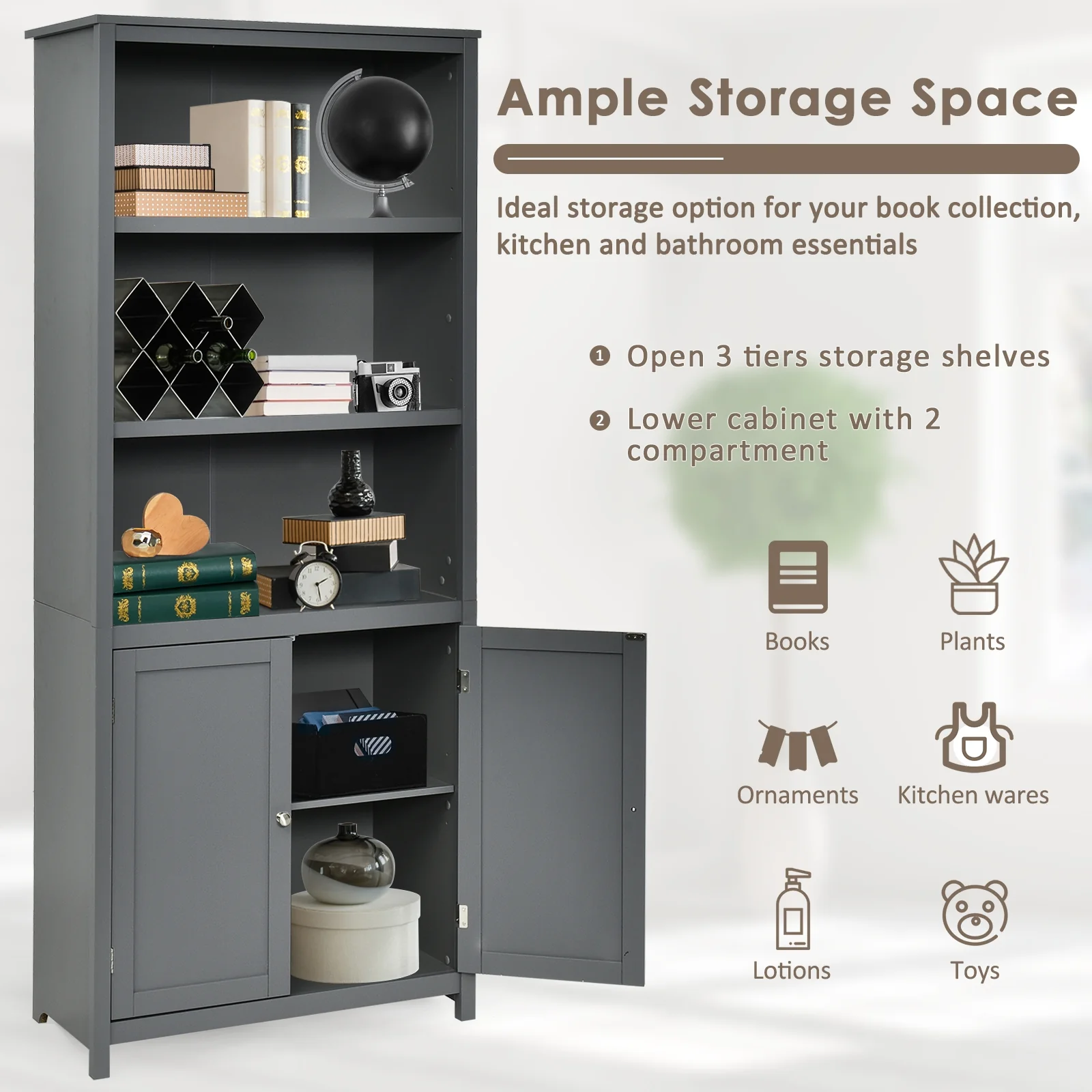 Wooden Bookcase With Doors, Storage Cabinet Unit, Gray - Image 7