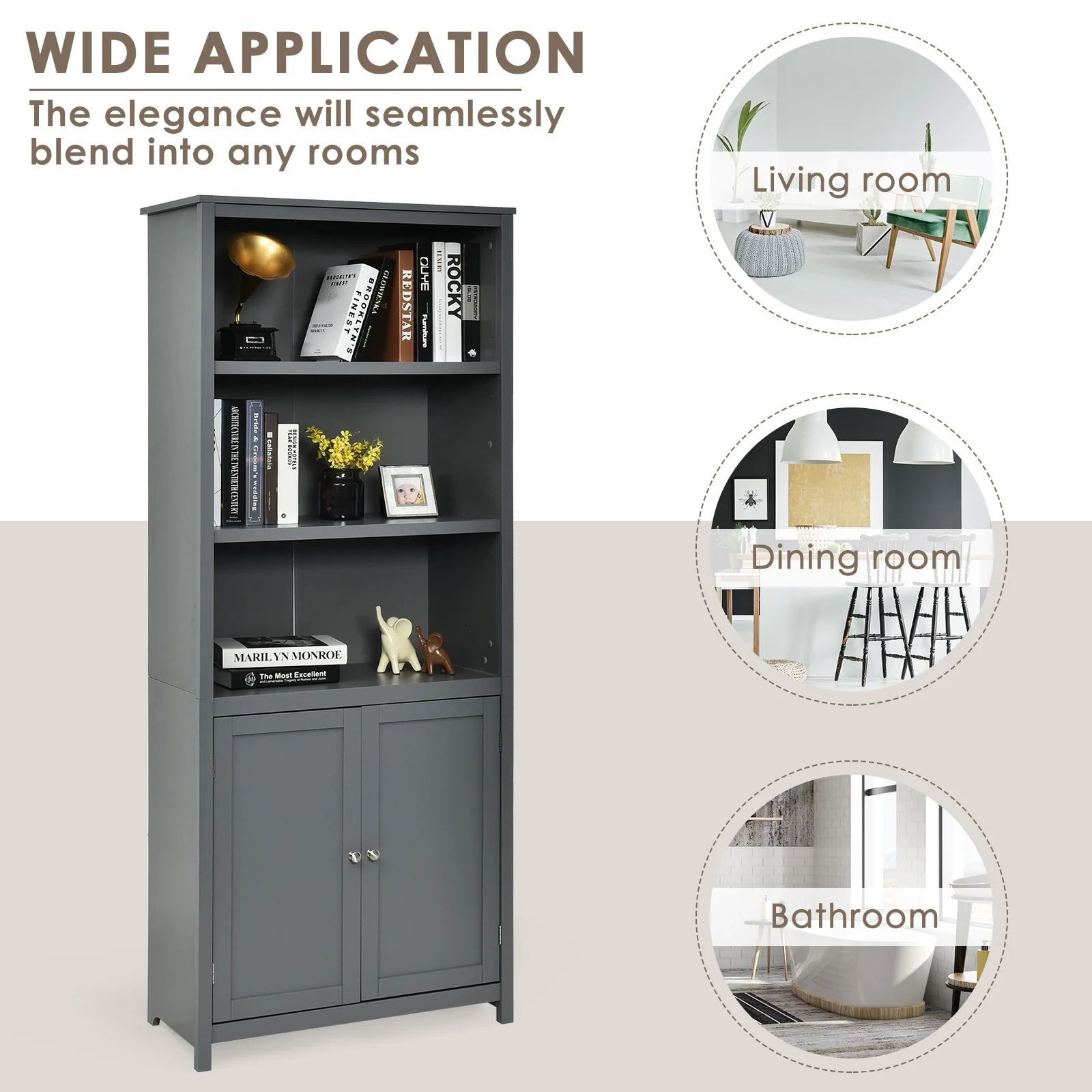 Wooden Bookcase With Doors, Storage Cabinet Unit, Gray - Image 8