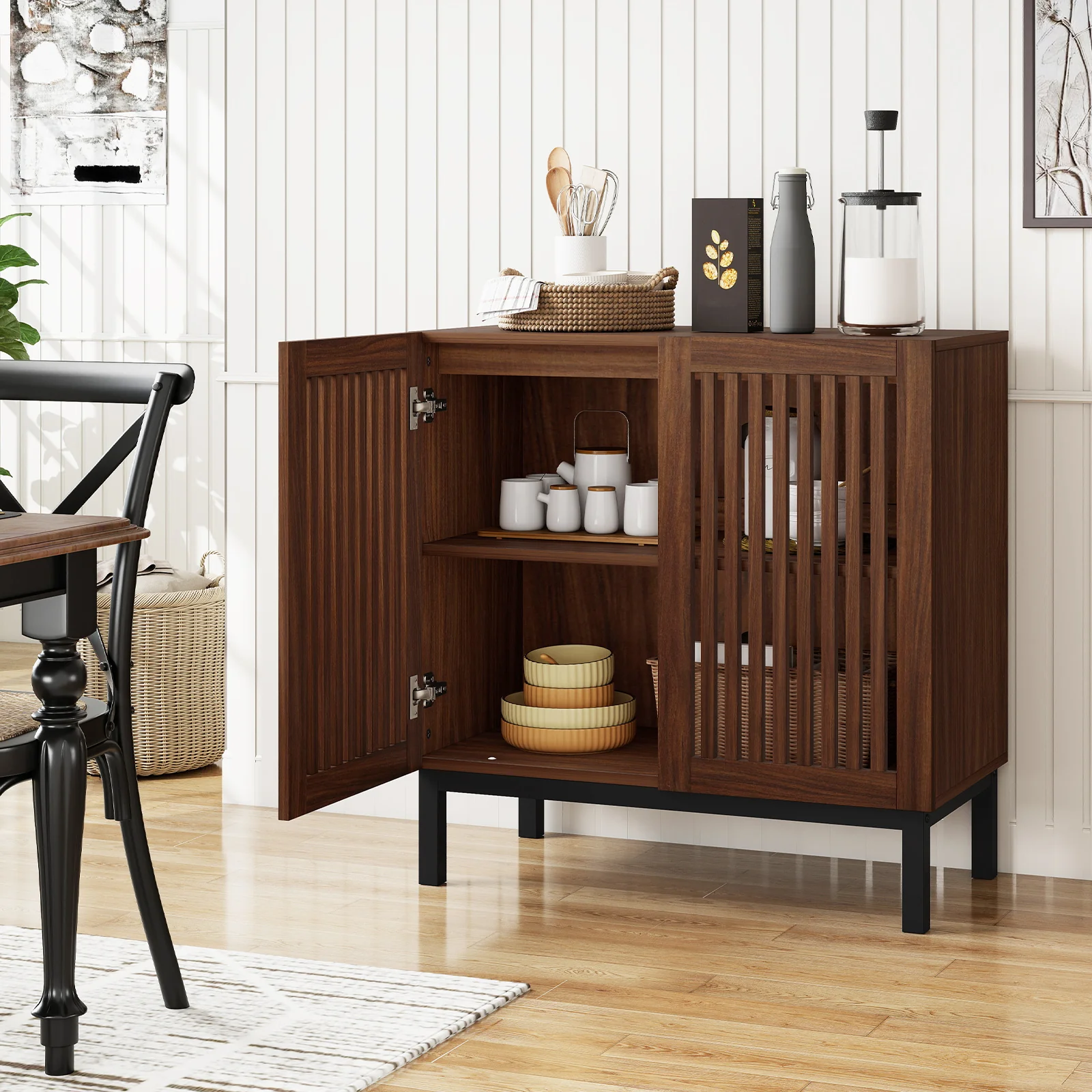 Wooden Buffet Cabinet, 32" Storage Sideboard, Walnut Coffee Bar Station - Image 2