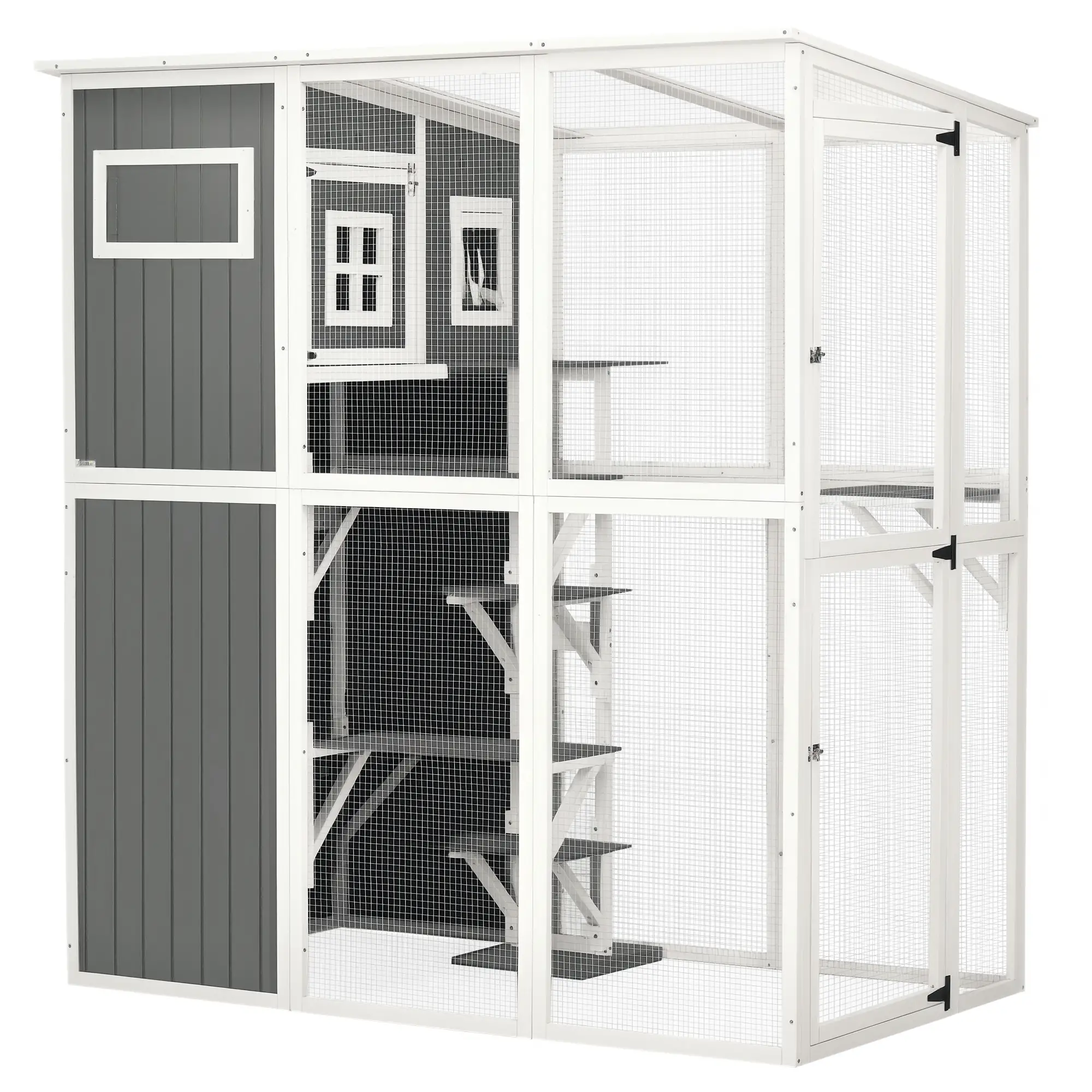 Wooden Cat Catio, 66.5"L Outdoor Cat House, PVC Roof, Multiple Platforms