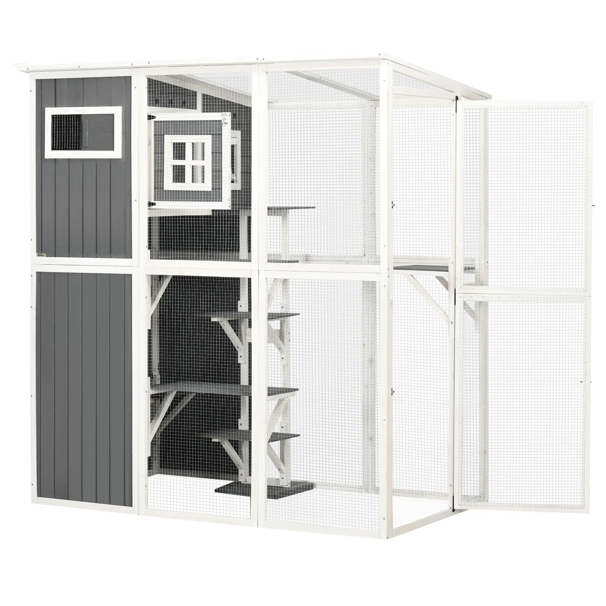 Wooden Cat Catio, 66.5"L Outdoor Cat House, PVC Roof, Multiple Platforms - Image 11