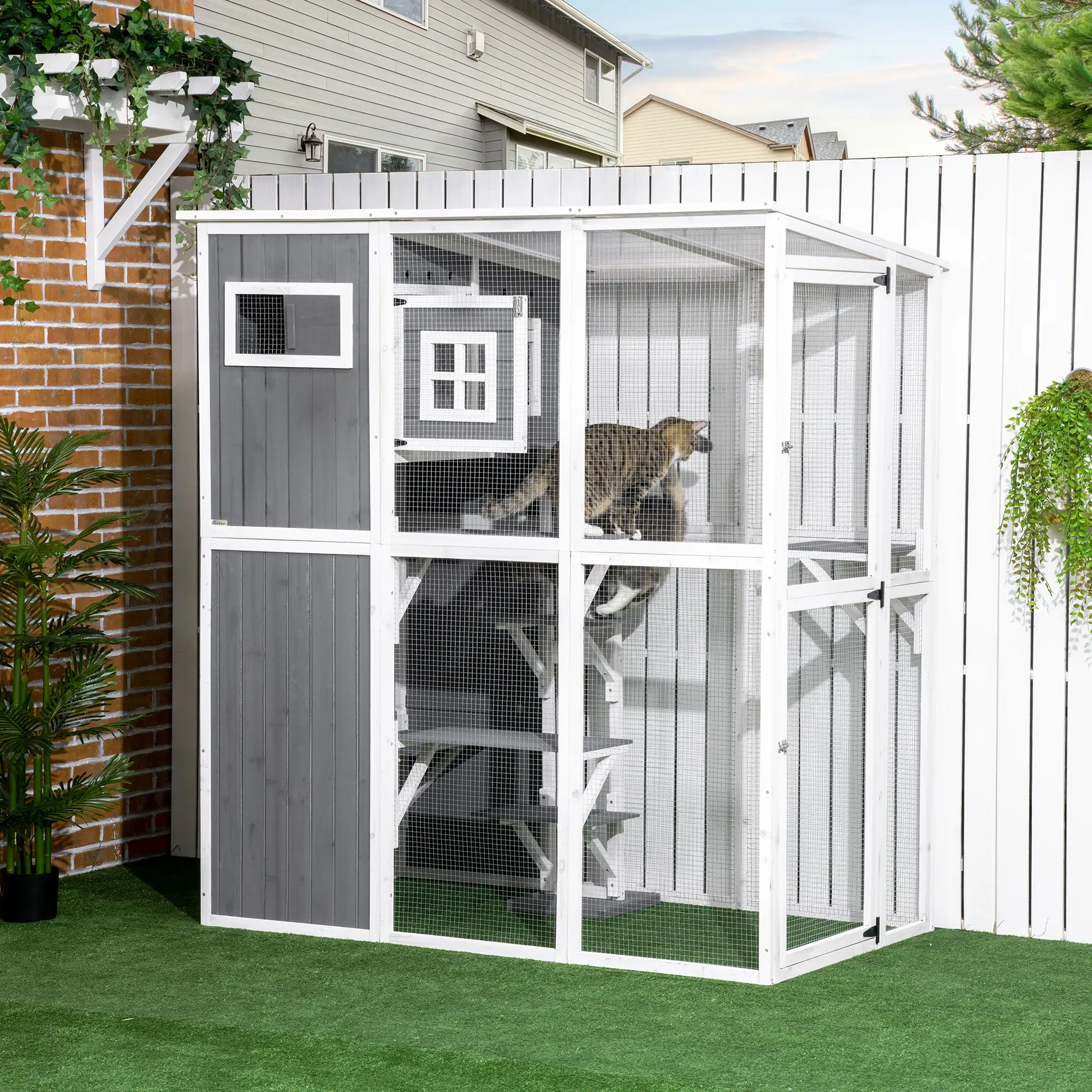 Wooden Cat Catio, 66.5"L Outdoor Cat House, PVC Roof, Multiple Platforms - Image 2